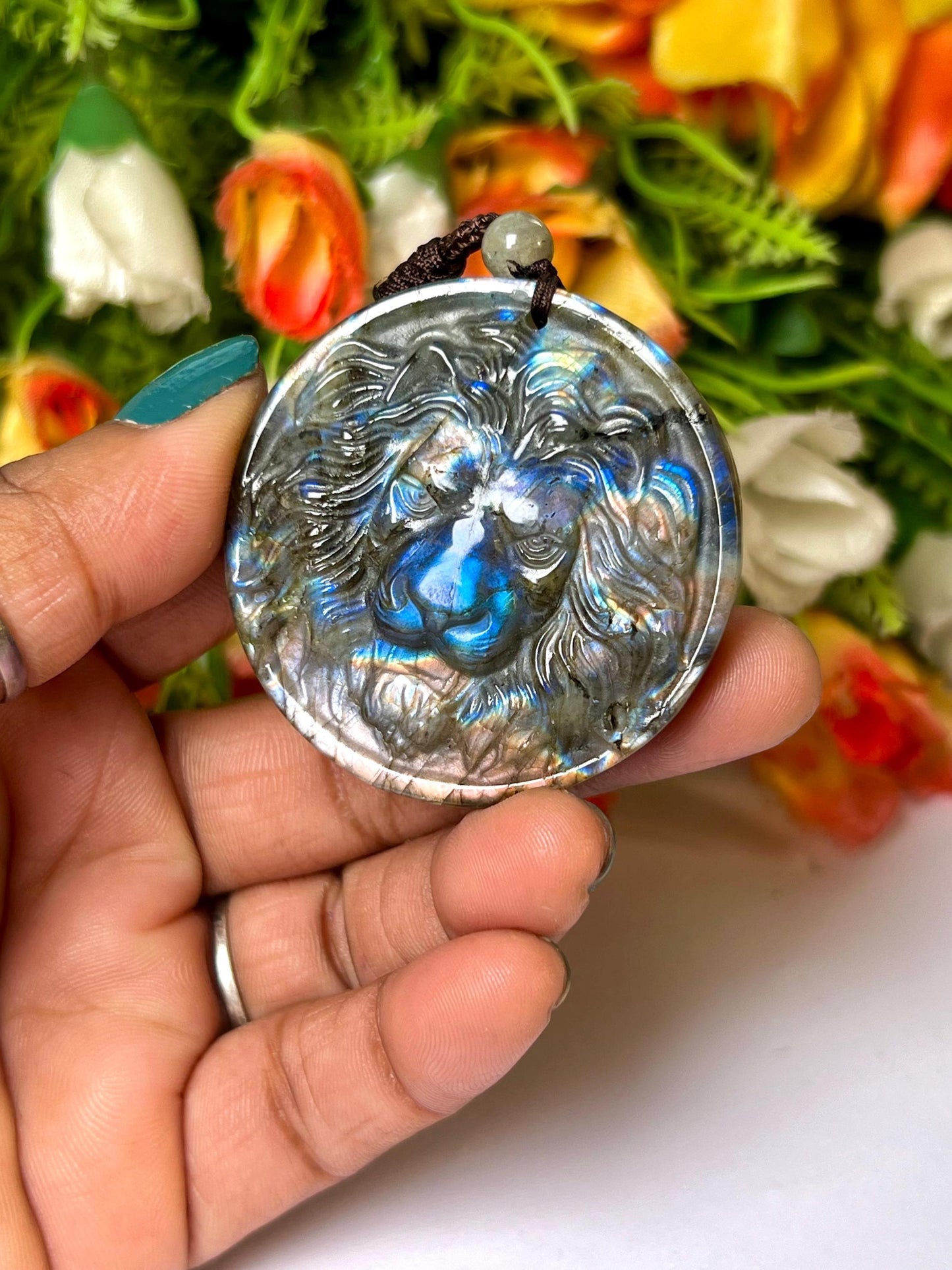 2.1" Labradorite Stone Lion Face Carving Pendant Necklace With Long Cord Home Decoration, Reiki healing Gift for All