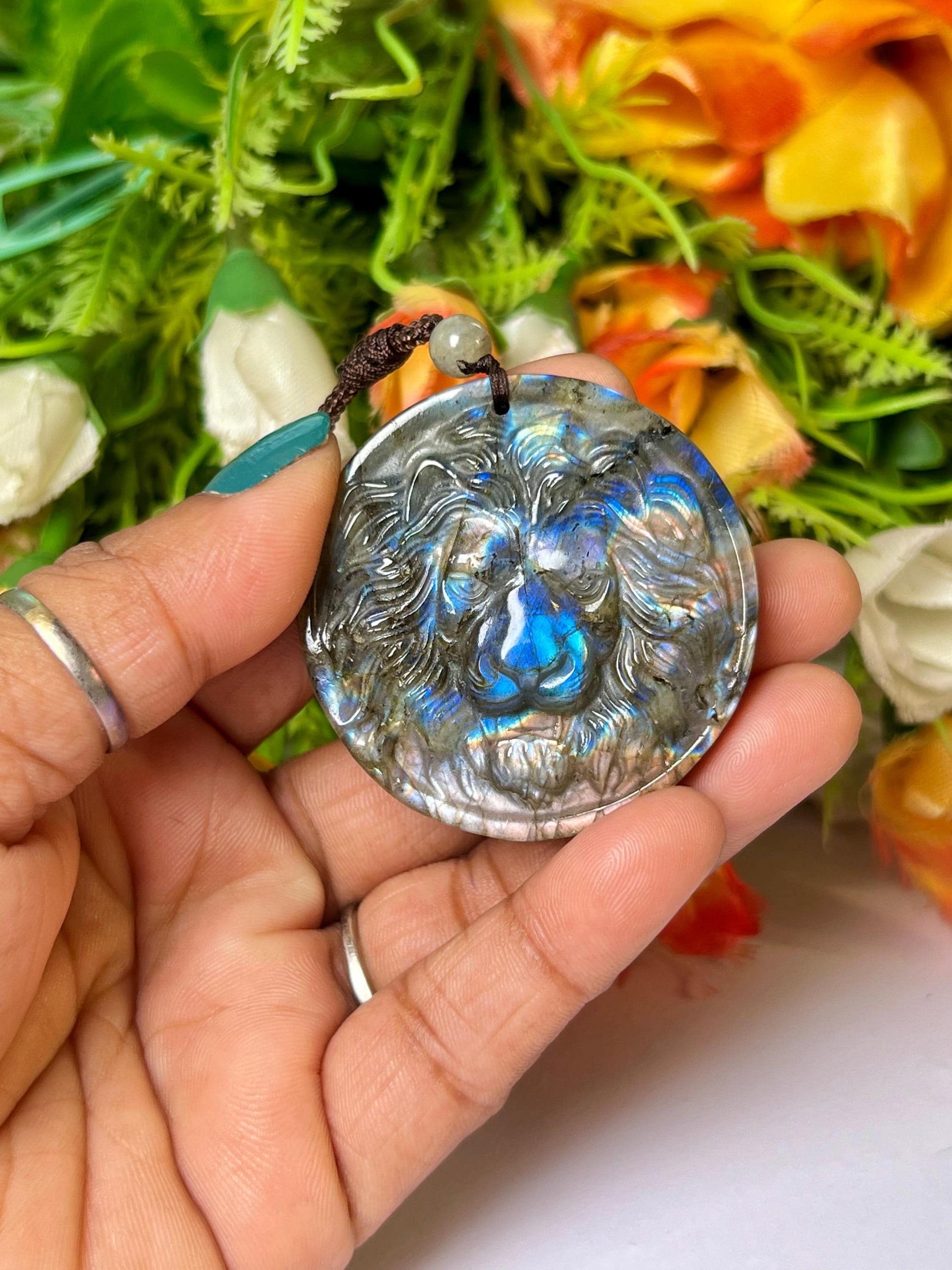 2.1" Labradorite Stone Lion Face Carving Pendant Necklace With Long Cord Home Decoration, Reiki healing Gift for All