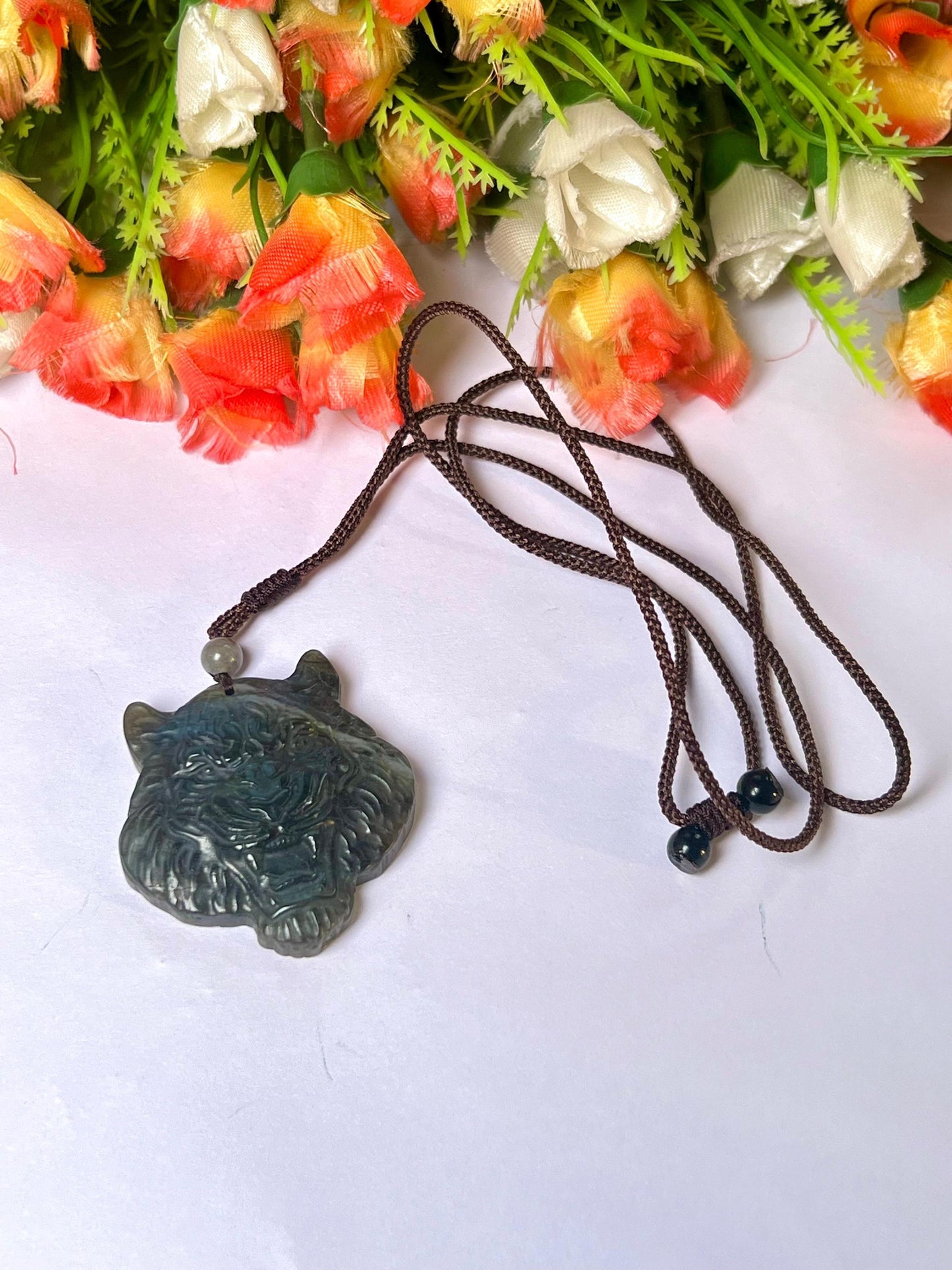 2.1" Labradorite Stone Tiger Face Carving Pendant Necklace With Long Cord Home Decoration, Reiki healing Gift for All
