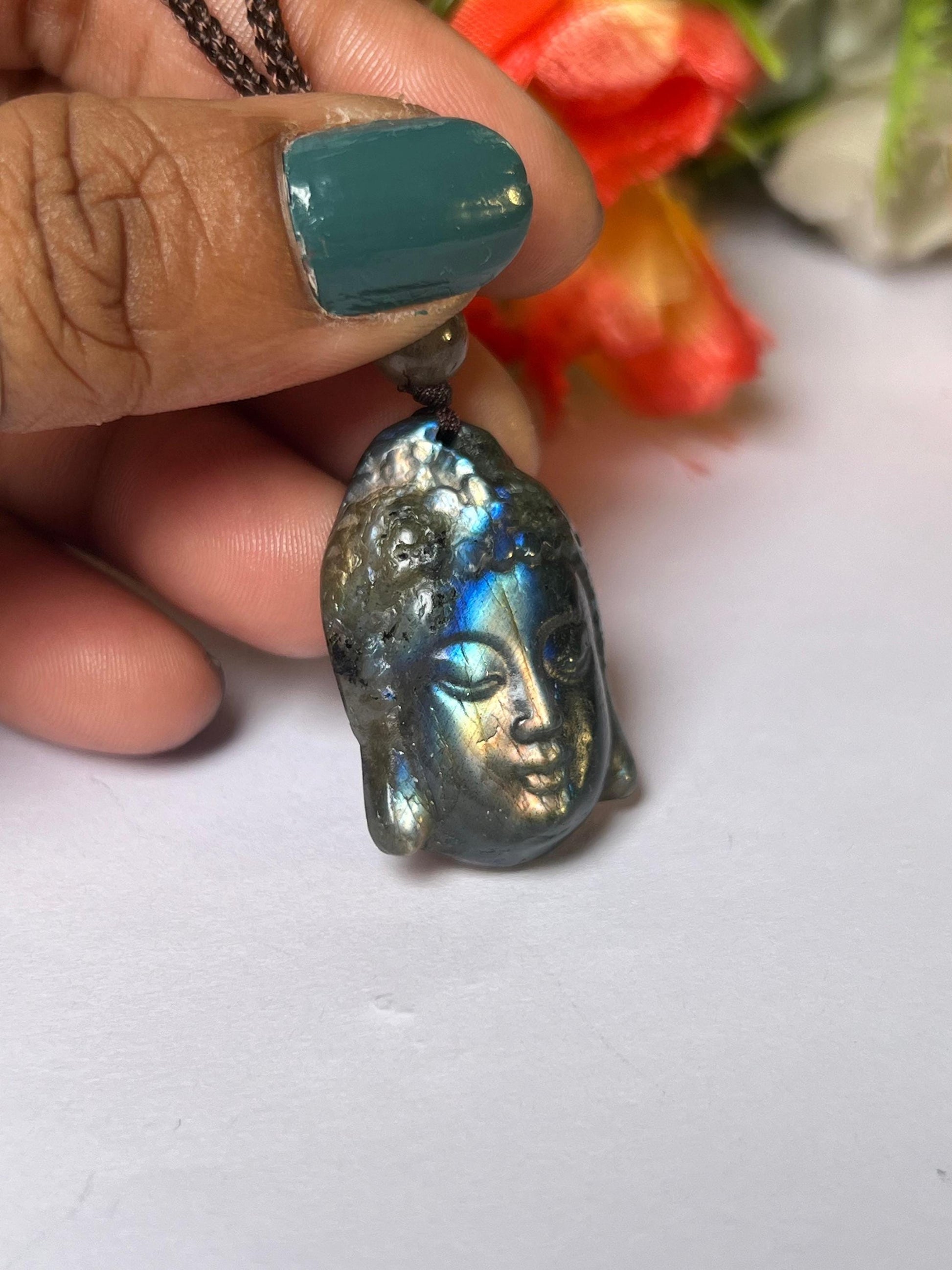 1.1" Labradorite Stone Buddha Face Carving Pendant Necklace With Long Cord Home Decoration, Reiki healing Gift for All