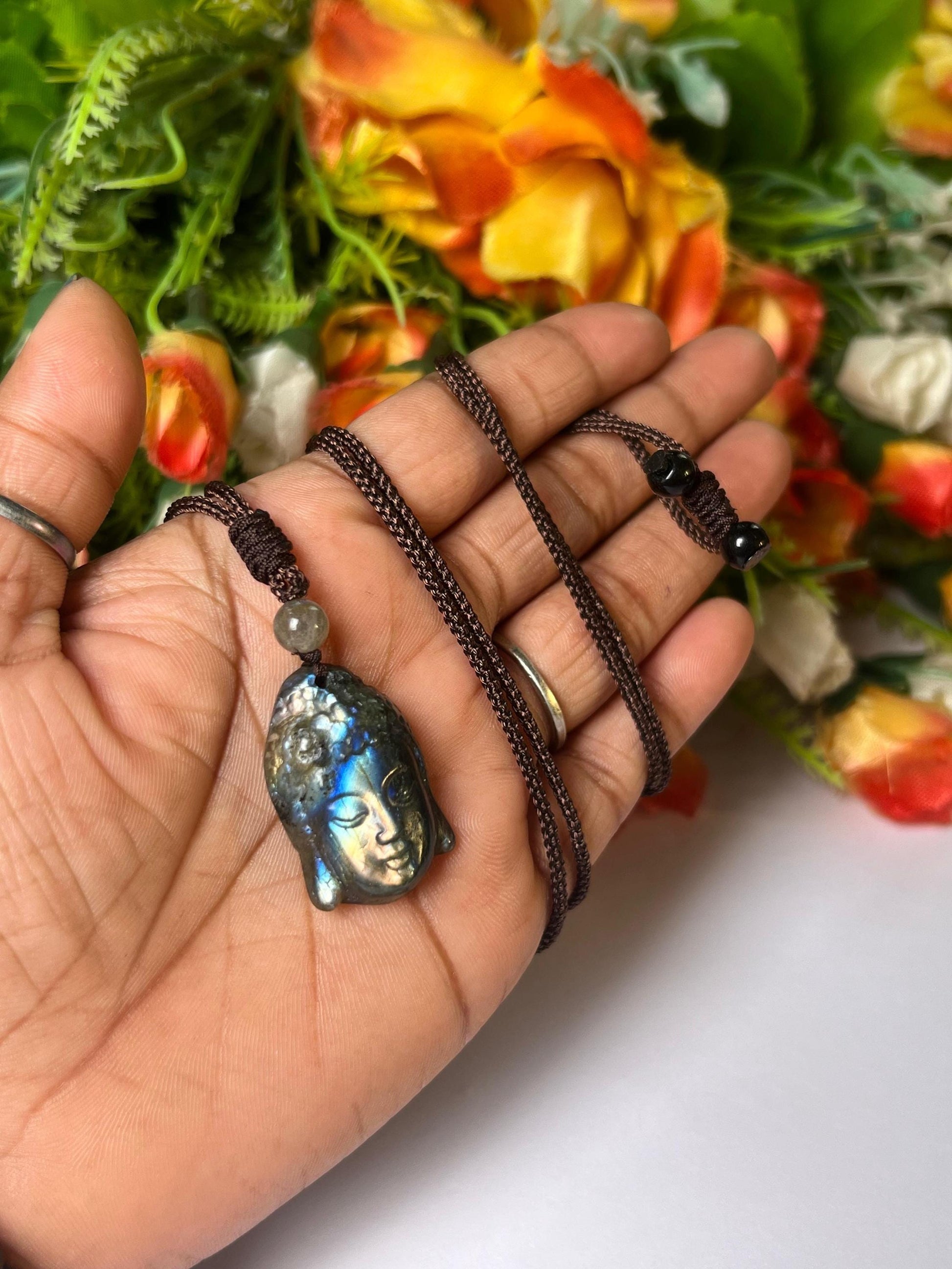 1.1" Labradorite Stone Buddha Face Carving Pendant Necklace With Long Cord Home Decoration, Reiki healing Gift for All