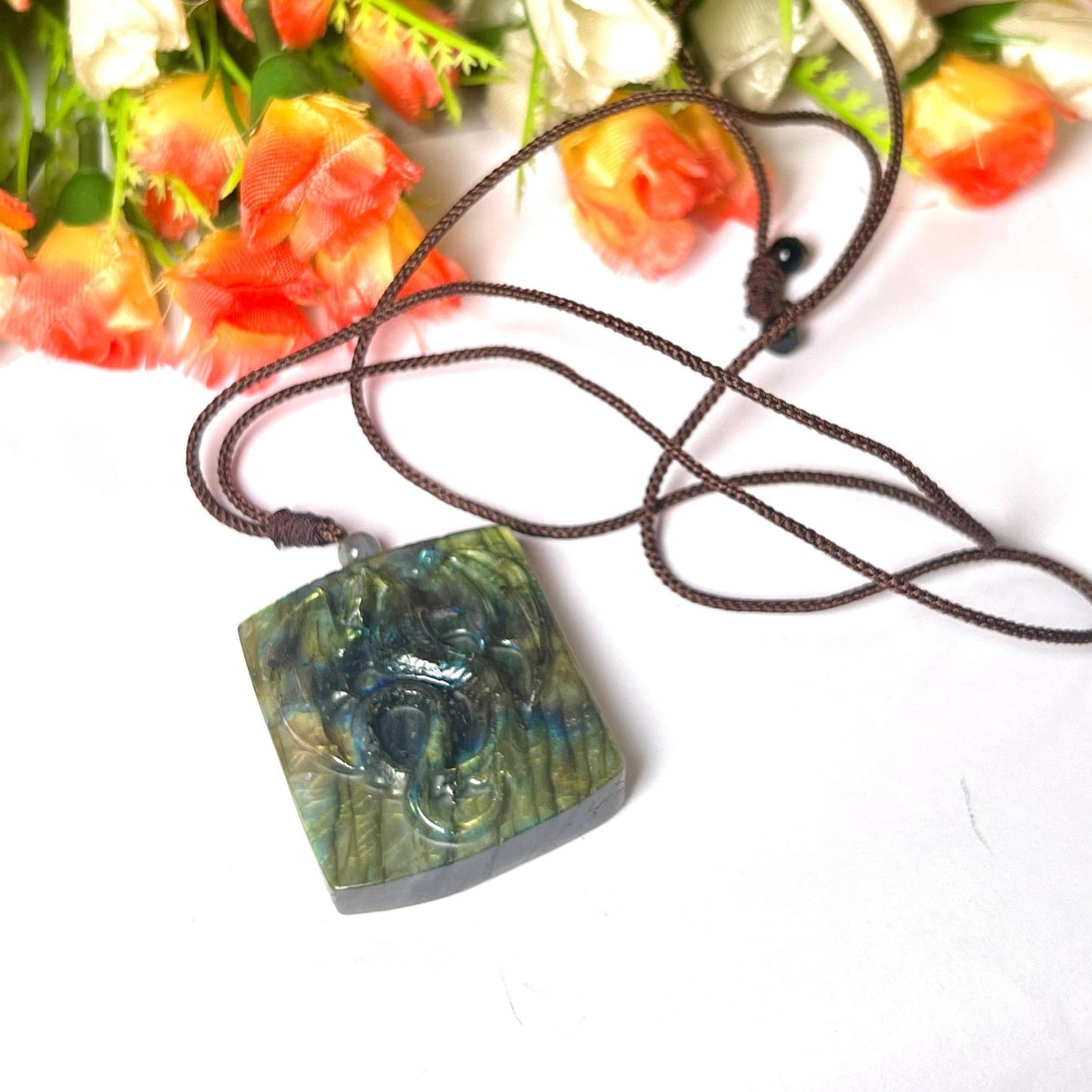2.1" Labradorite Stone Dragon Skull Carving Pendant Necklace With Long Cord Home Decoration, Reiki healing Gift for All