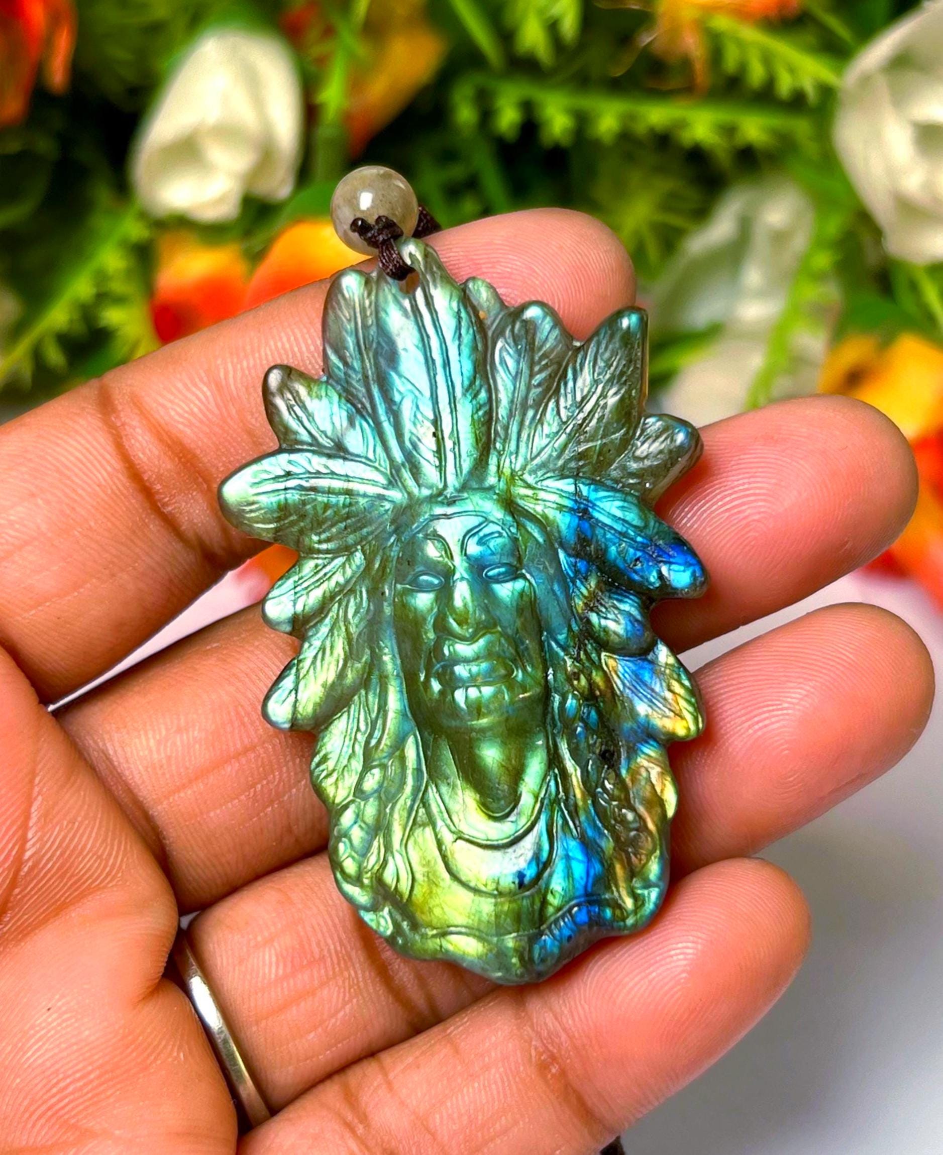 2.1" Ancient Spirit of the Aurora Labradorite Stone Carving Pendant Necklace With Long Cord Home Decoration, Reiki healing Gift for All