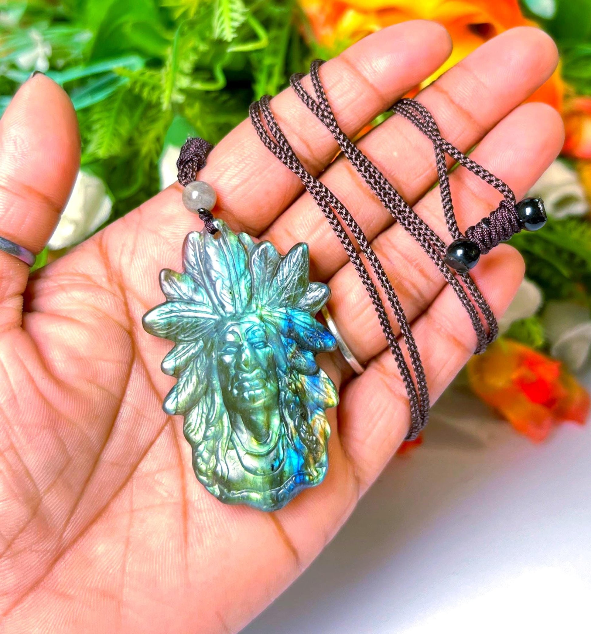 2.1" Ancient Spirit of the Aurora Labradorite Stone Carving Pendant Necklace With Long Cord Home Decoration, Reiki healing Gift for All