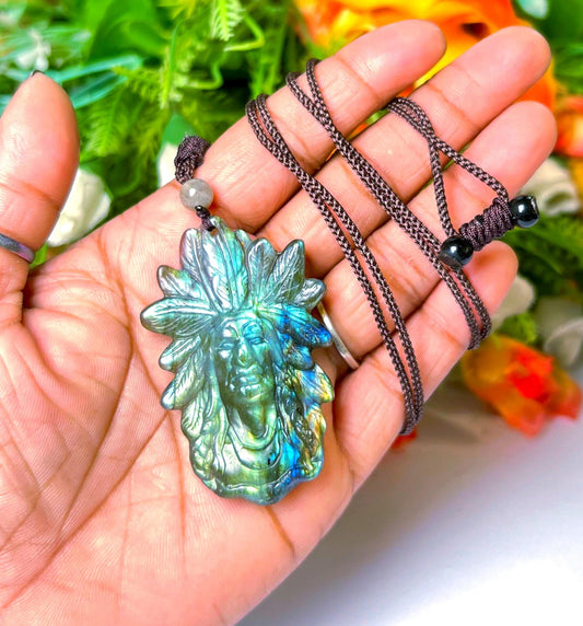 2.1" Ancient Spirit of the Aurora Labradorite Stone Carving Pendant Necklace With Long Cord Home Decoration, Reiki healing Gift for All