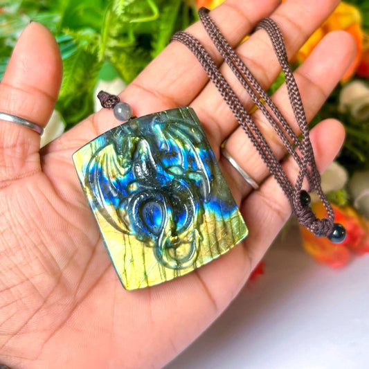 2.1" Labradorite Stone Dragon Skull Carving Pendant Necklace With Long Cord Home Decoration, Reiki healing Gift for All