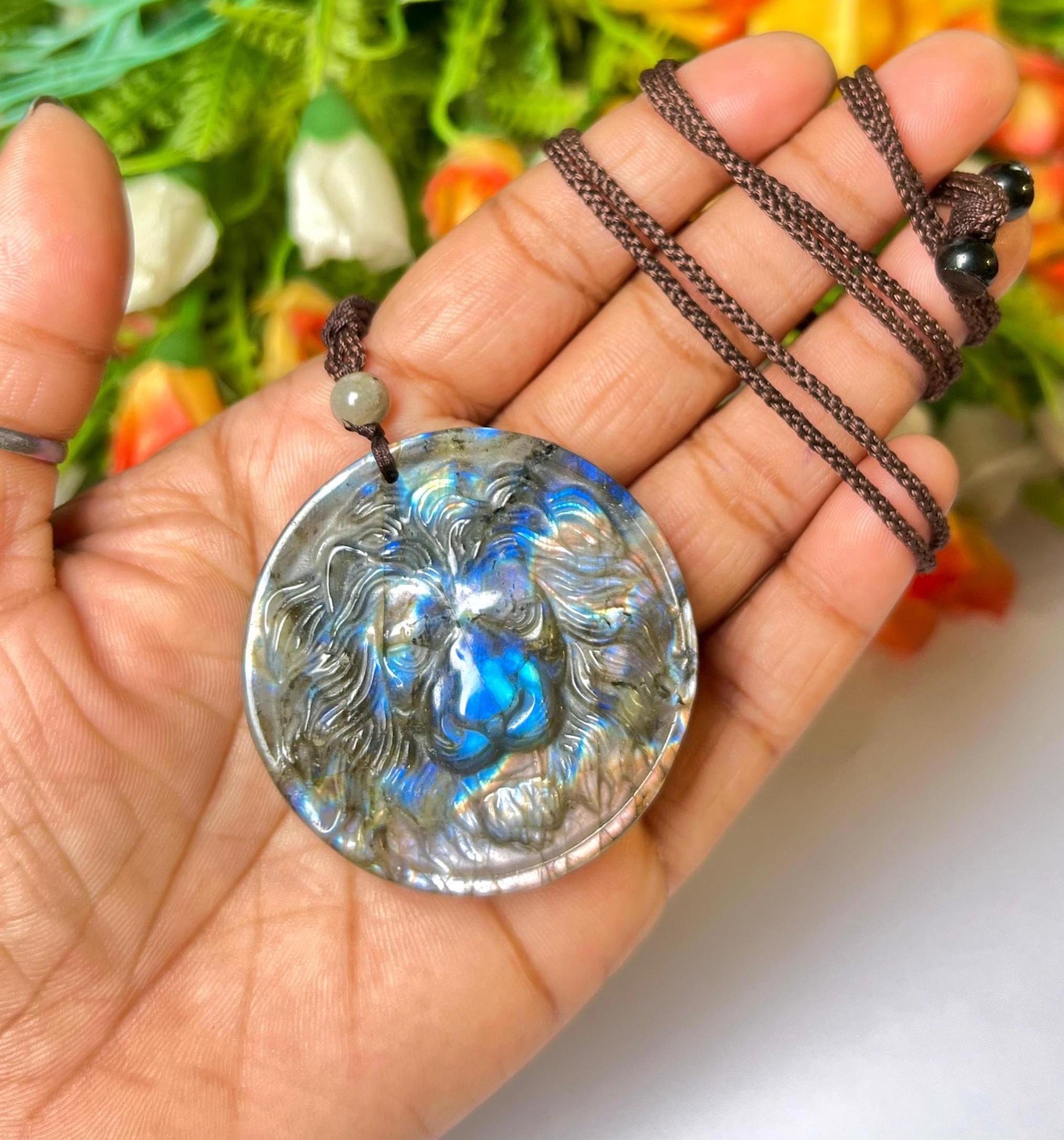2.1" Labradorite Stone Lion Face Carving Pendant Necklace With Long Cord Home Decoration, Reiki healing Gift for All