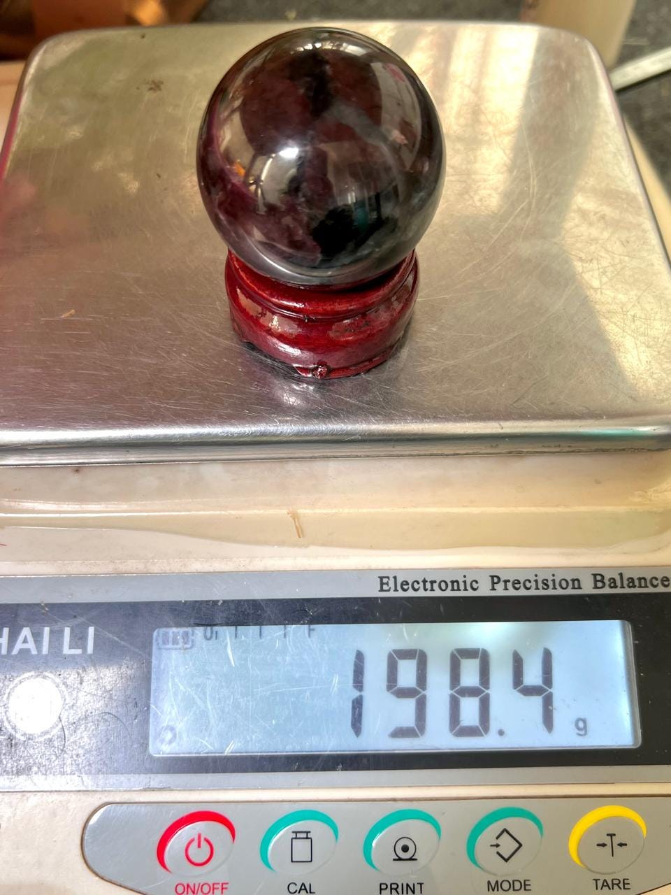 198 Gm Arfvedsonite Stone with Garnet Stone Manifestation Sphere 50MM Crystal Ball Orb Stone Meditation Space Crystal Grid With wooden Stand