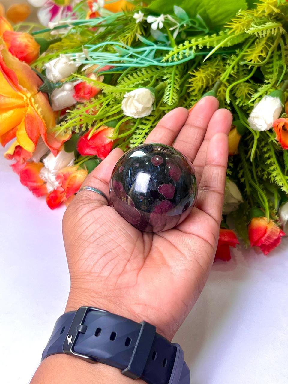 198 Gm Arfvedsonite Stone with Garnet Stone Manifestation Sphere 50MM Crystal Ball Orb Stone Meditation Space Crystal Grid With wooden Stand