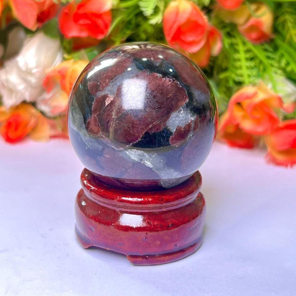 198 Gm Arfvedsonite Stone with Garnet Stone Manifestation Sphere 50MM Crystal Ball Orb Stone Meditation Space Crystal Grid With wooden Stand