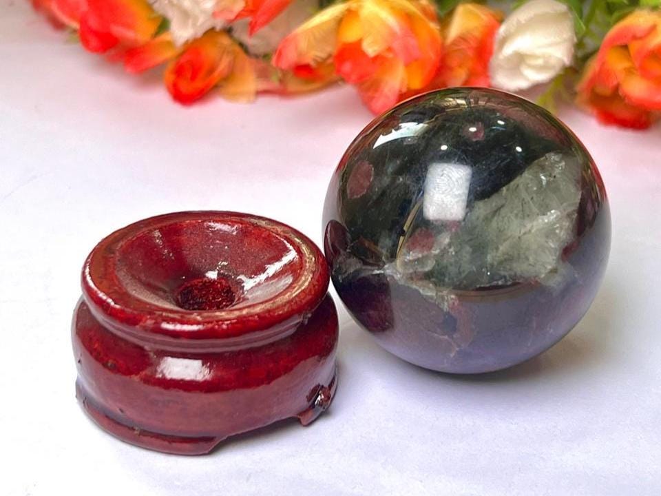 198 Gm Arfvedsonite Stone with Garnet Stone Manifestation Sphere 50MM Crystal Ball Orb Stone Meditation Space Crystal Grid With wooden Stand