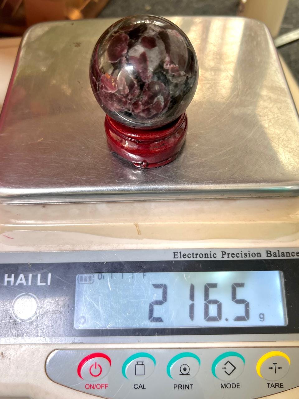216 Gm Arfvedsonite Stone with Garnet Stone Manifestation Sphere 50MM Crystal Ball Orb Stone Meditation Space Crystal Grid With wooden Stand