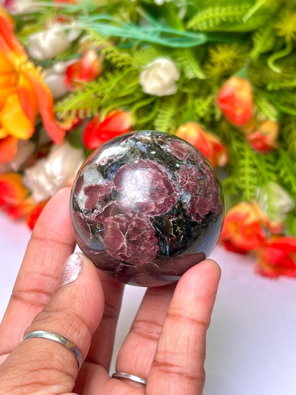 216 Gm Arfvedsonite Stone with Garnet Stone Manifestation Sphere 50MM Crystal Ball Orb Stone Meditation Space Crystal Grid With wooden Stand