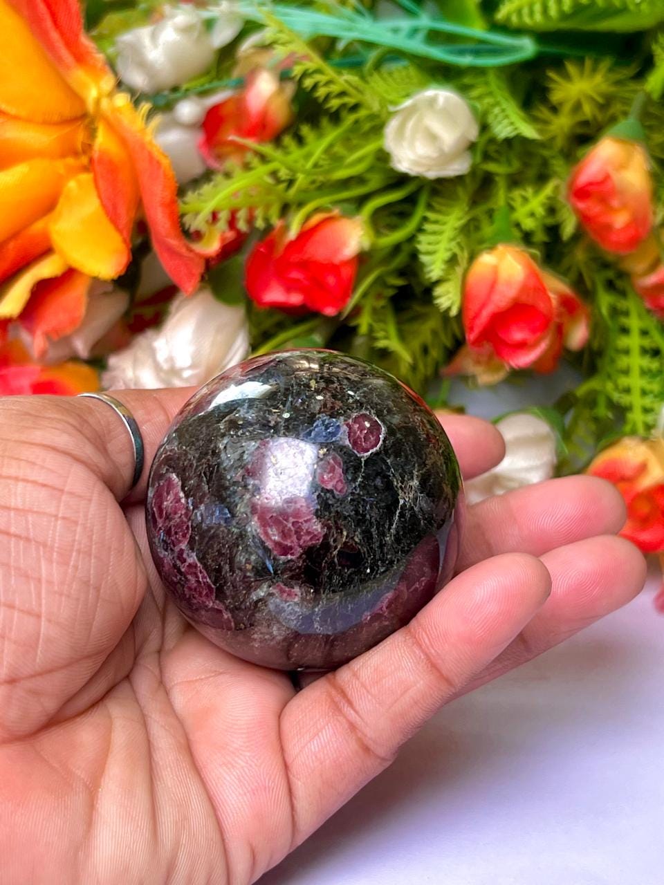216 Gm Arfvedsonite Stone with Garnet Stone Manifestation Sphere 50MM Crystal Ball Orb Stone Meditation Space Crystal Grid With wooden Stand