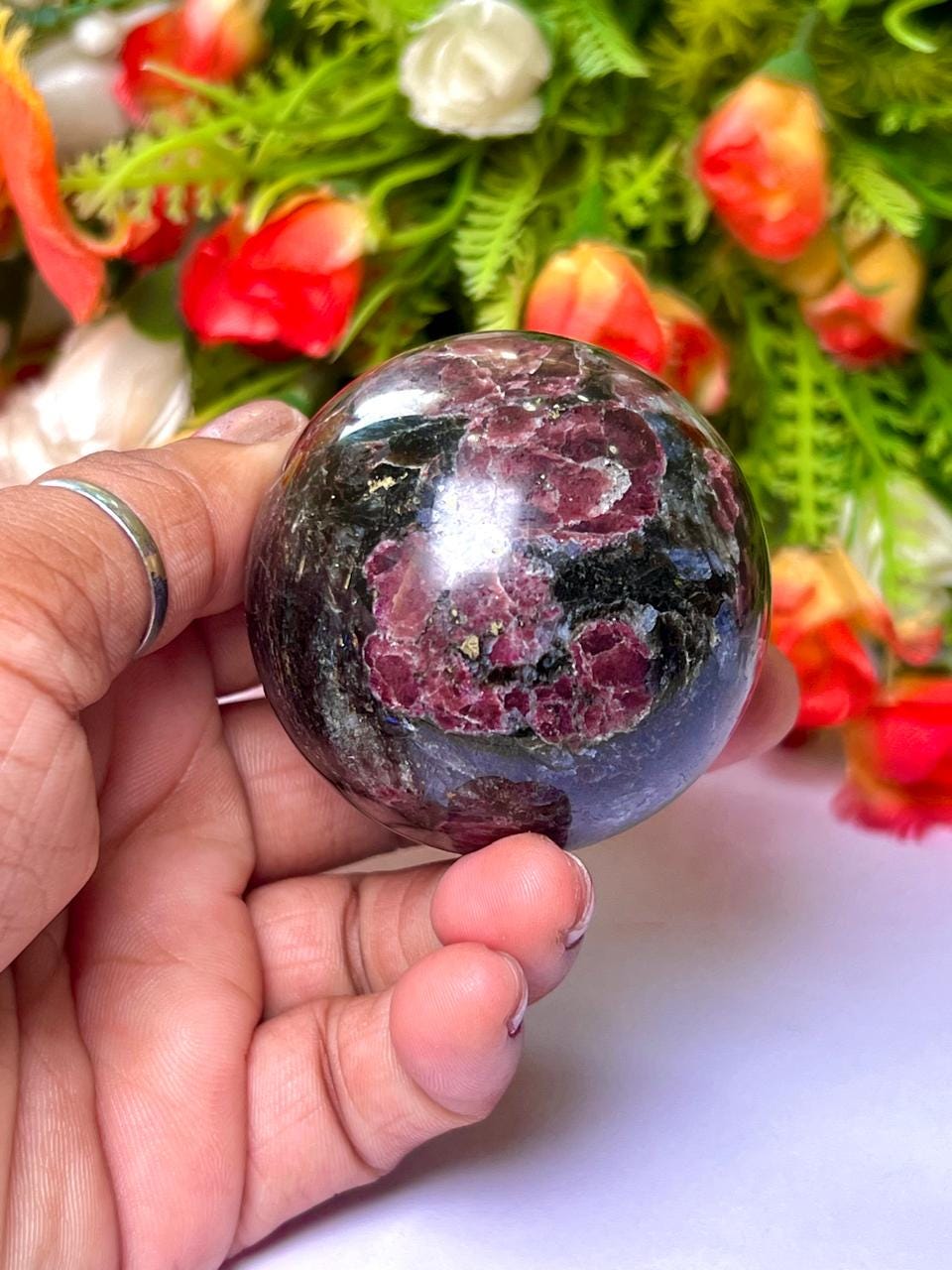 216 Gm Arfvedsonite Stone with Garnet Stone Manifestation Sphere 50MM Crystal Ball Orb Stone Meditation Space Crystal Grid With wooden Stand