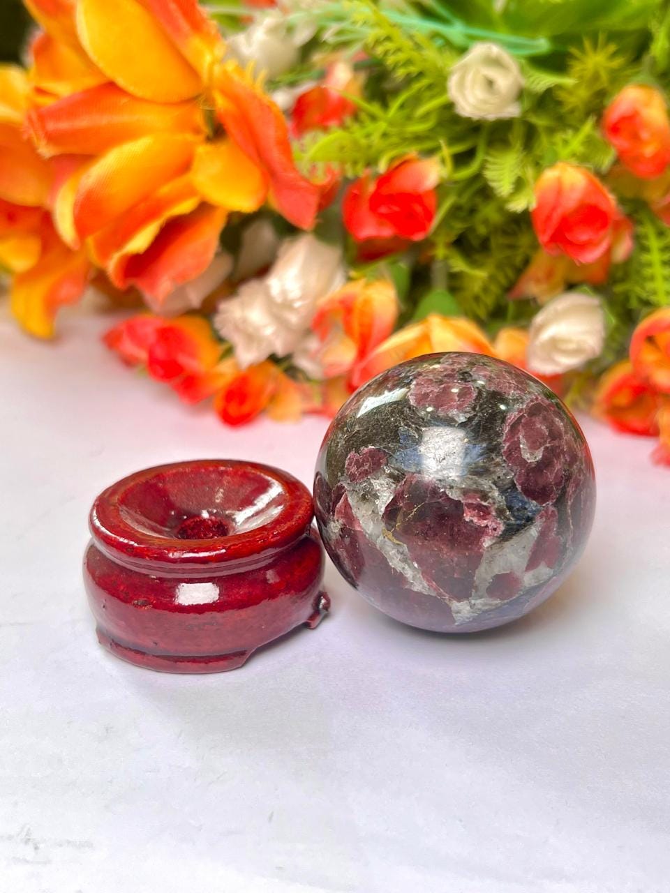 216 Gm Arfvedsonite Stone with Garnet Stone Manifestation Sphere 50MM Crystal Ball Orb Stone Meditation Space Crystal Grid With wooden Stand