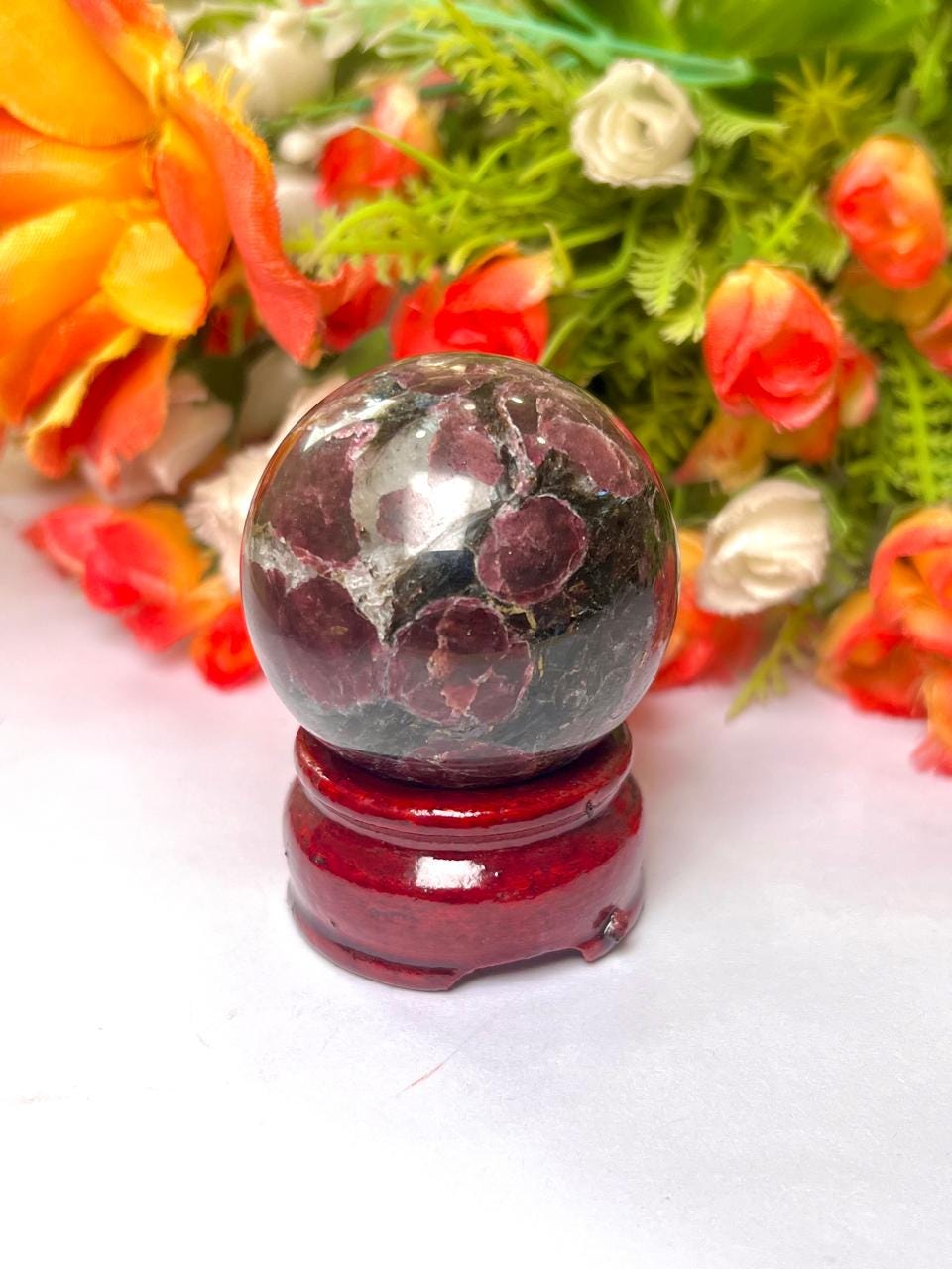 216 Gm Arfvedsonite Stone with Garnet Stone Manifestation Sphere 50MM Crystal Ball Orb Stone Meditation Space Crystal Grid With wooden Stand
