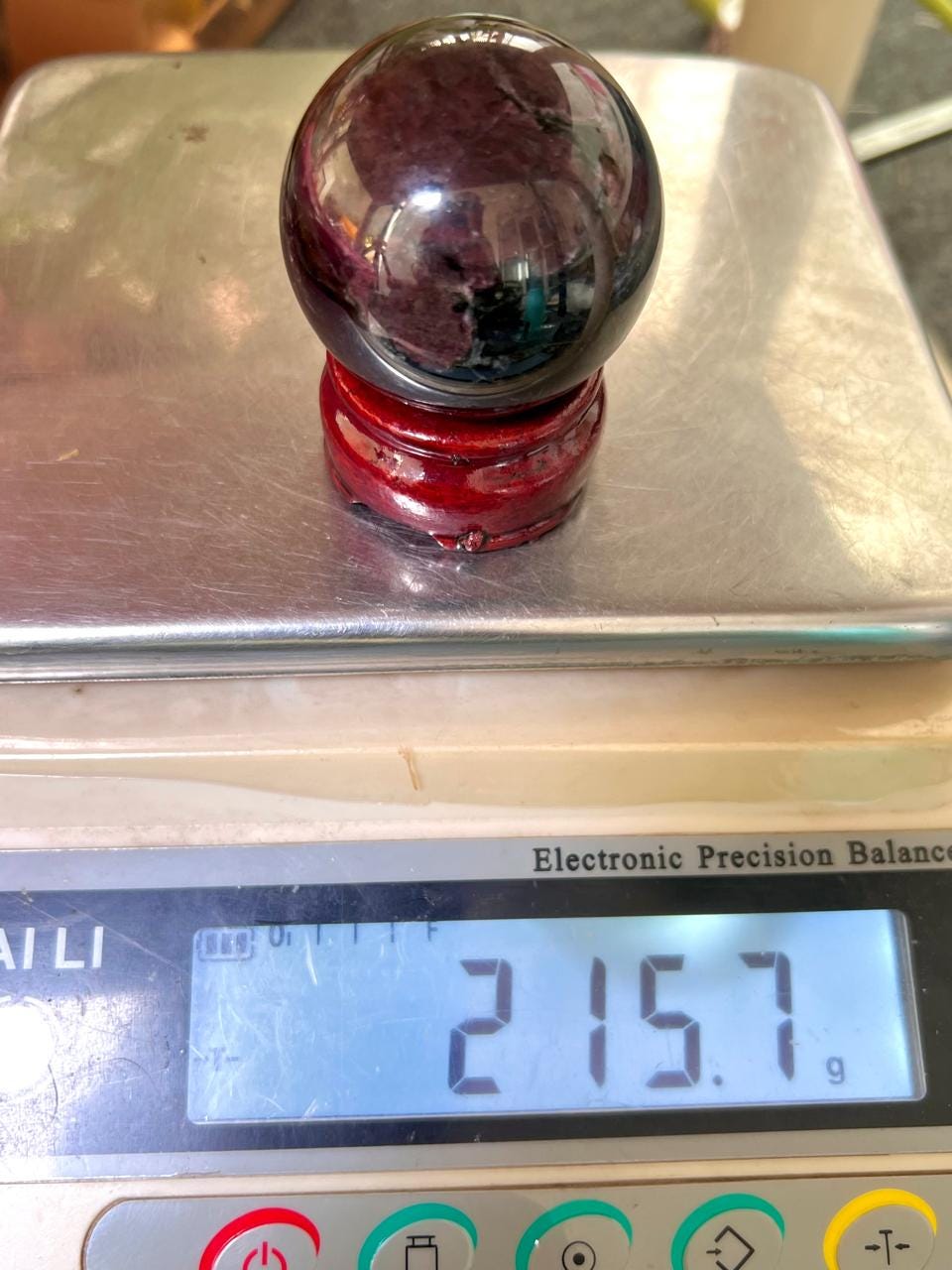 215 Gm Arfvedsonite Stone with Garnet Stone Manifestation Sphere 50MM Crystal Ball Orb Stone Meditation Space Crystal Grid With wooden Stand