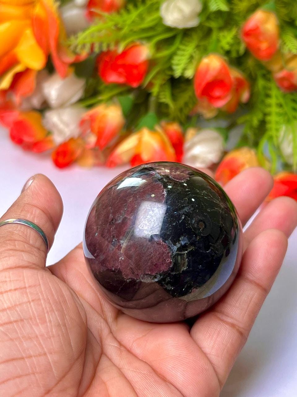 215 Gm Arfvedsonite Stone with Garnet Stone Manifestation Sphere 50MM Crystal Ball Orb Stone Meditation Space Crystal Grid With wooden Stand