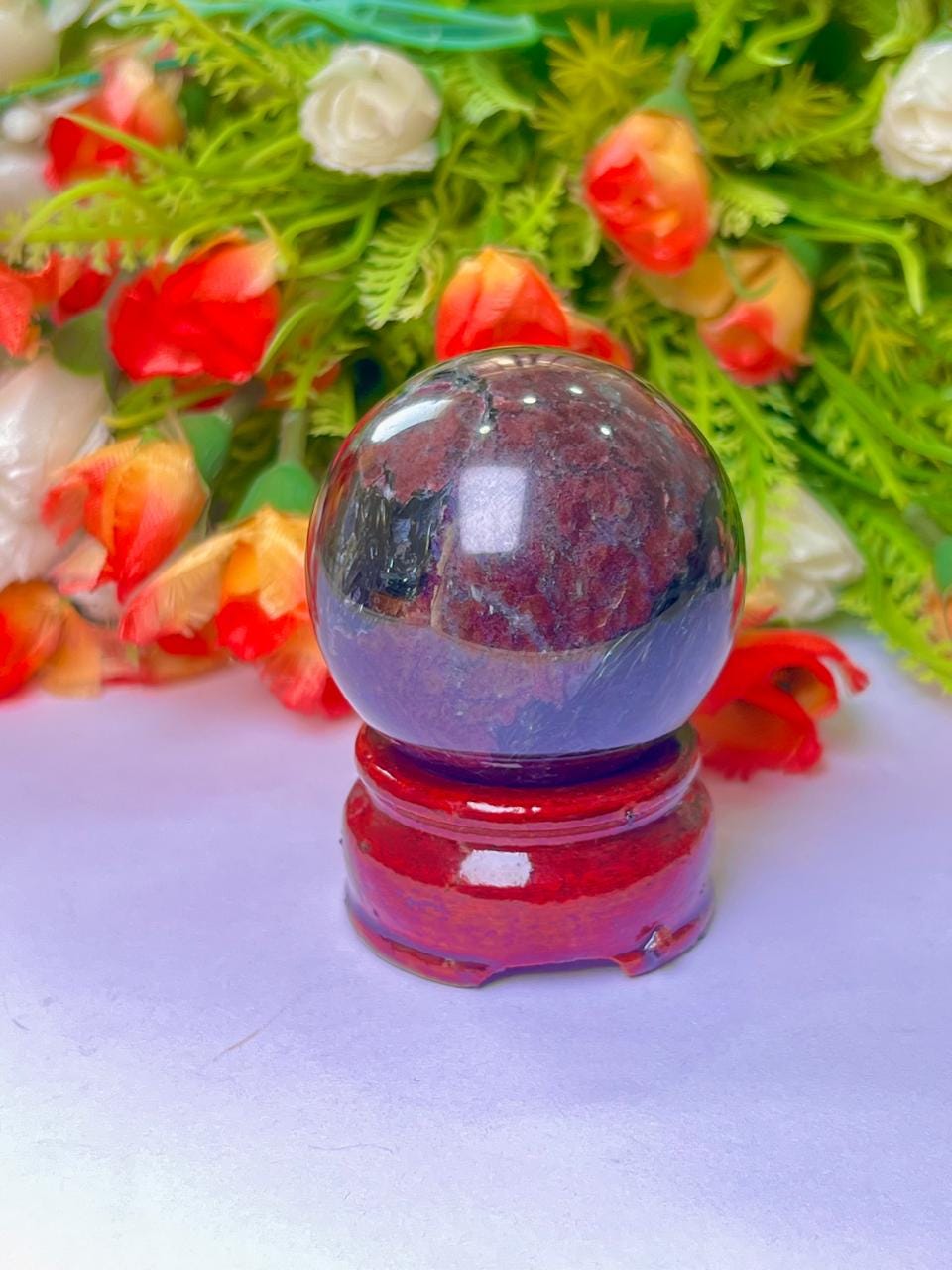 215 Gm Arfvedsonite Stone with Garnet Stone Manifestation Sphere 50MM Crystal Ball Orb Stone Meditation Space Crystal Grid With wooden Stand