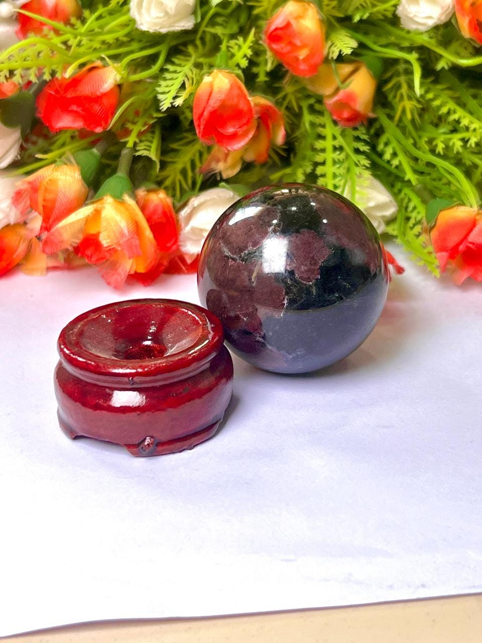 215 Gm Arfvedsonite Stone with Garnet Stone Manifestation Sphere 50MM Crystal Ball Orb Stone Meditation Space Crystal Grid With wooden Stand