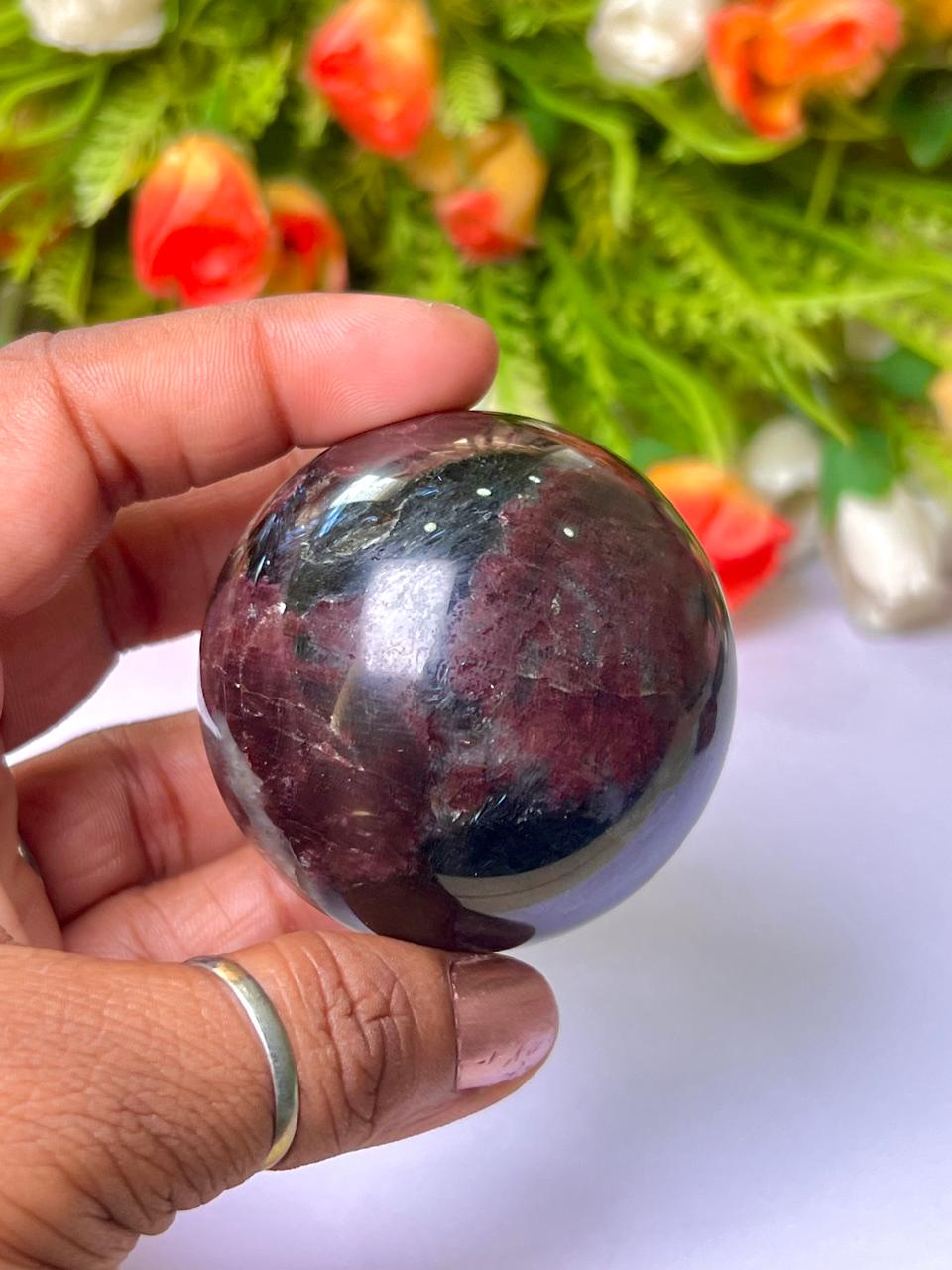 221 Gm Arfvedsonite Stone with Garnet Stone Manifestation Sphere 50MM Crystal Ball Orb Stone Meditation Space Crystal Grid With wooden Stand