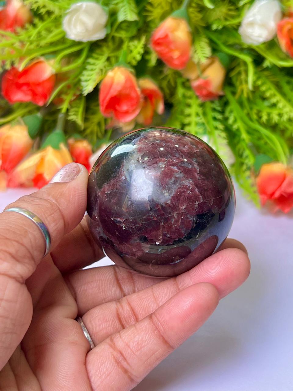 221 Gm Arfvedsonite Stone with Garnet Stone Manifestation Sphere 50MM Crystal Ball Orb Stone Meditation Space Crystal Grid With wooden Stand