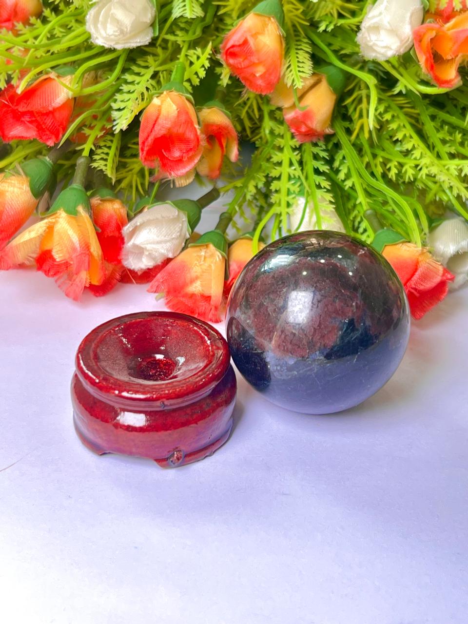 221 Gm Arfvedsonite Stone with Garnet Stone Manifestation Sphere 50MM Crystal Ball Orb Stone Meditation Space Crystal Grid With wooden Stand