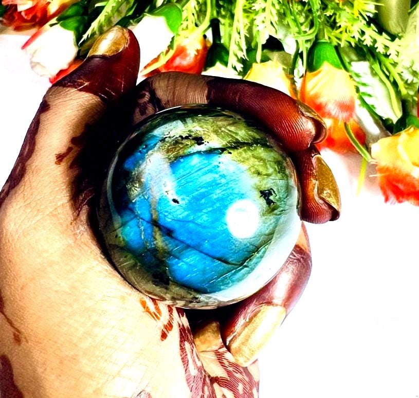 Rainbow Labradorite Sphere 40 MM Crystal Ball Orb Pocket Stone Meditation Space Crystal Grid With wooden Stand