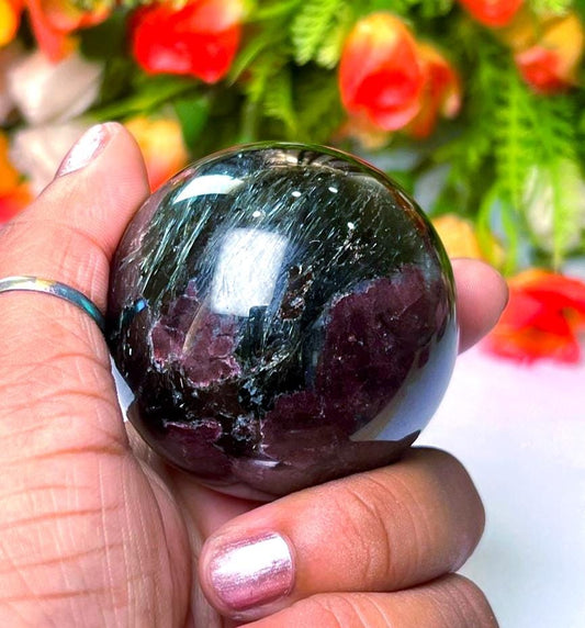 215 Gm Arfvedsonite Stone with Garnet Stone Manifestation Sphere 50MM Crystal Ball Orb Stone Meditation Space Crystal Grid With wooden Stand