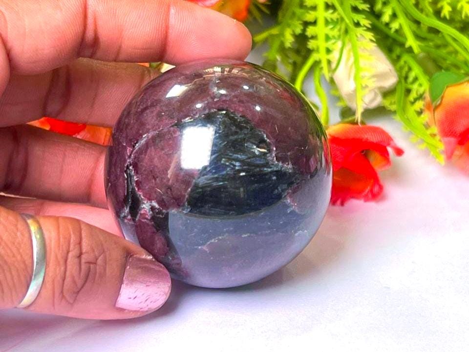 215 Gm Arfvedsonite Stone with Garnet Stone Manifestation Sphere 50MM Crystal Ball Orb Stone Meditation Space Crystal Grid With wooden Stand