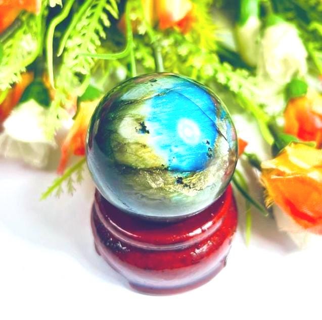 Rainbow Labradorite Sphere 40 MM Crystal Ball Orb Pocket Stone Meditation Space Crystal Grid With wooden Stand