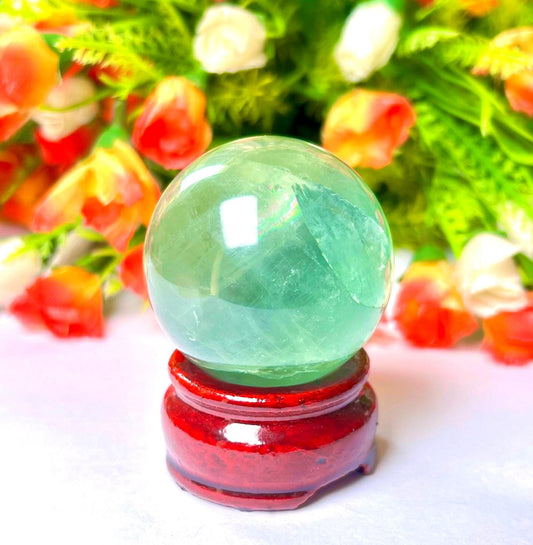 Green Fluorite Stone Sphere 40 MM Crystal Ball Orb Pocket Stone Meditation Space Crystal Grid With wooden Stand