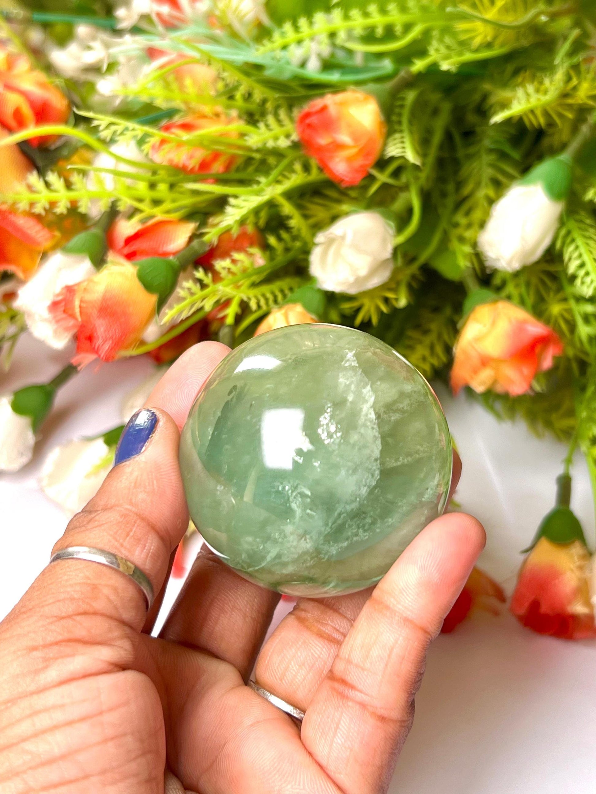Green Fluorite Stone Sphere 40 MM Crystal Ball Orb Pocket Stone Meditation Space Crystal Grid With wooden Stand