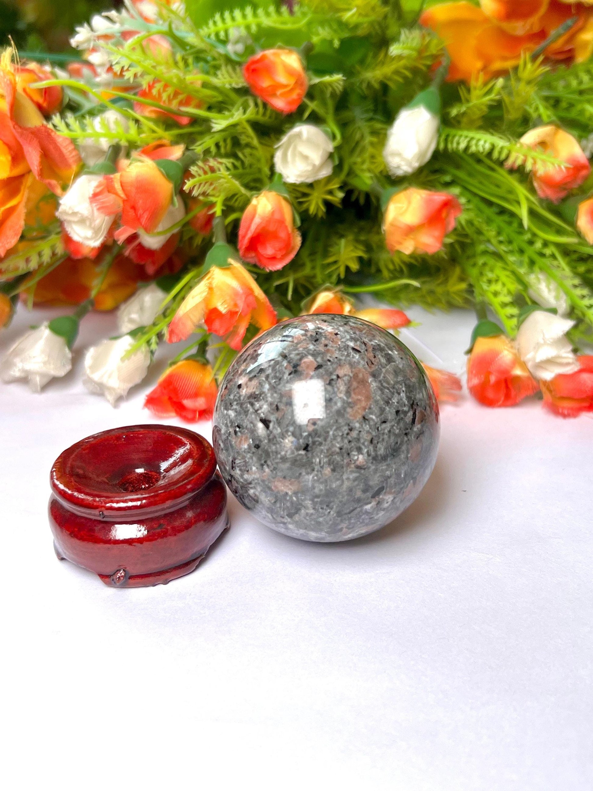 Yooperlite Stone Sphere 45 MM Crystal Ball Orb Pocket Stone Meditation Space Crystal Grid With wooden Stand