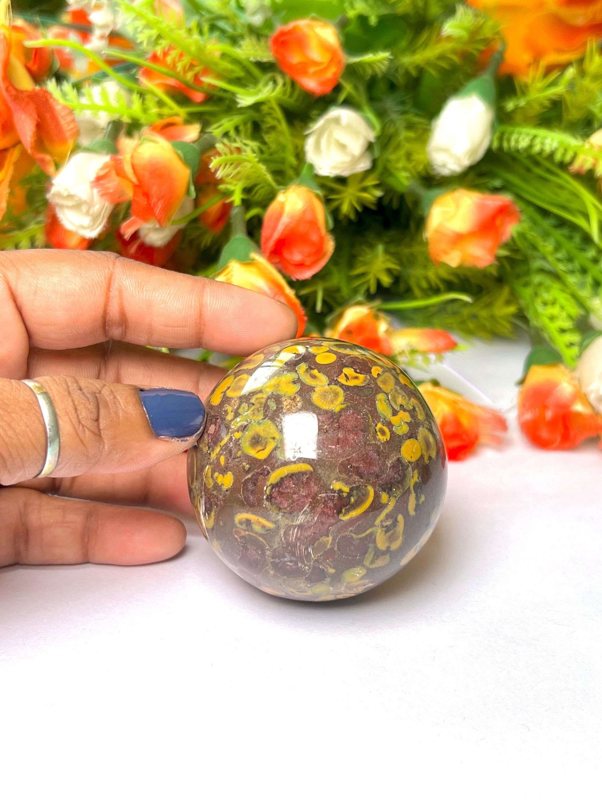 Ajooba Jasper Stone Sphere 45 MM Crystal Ball Orb Pocket Stone Meditation Space Crystal Grid With wooden Stand