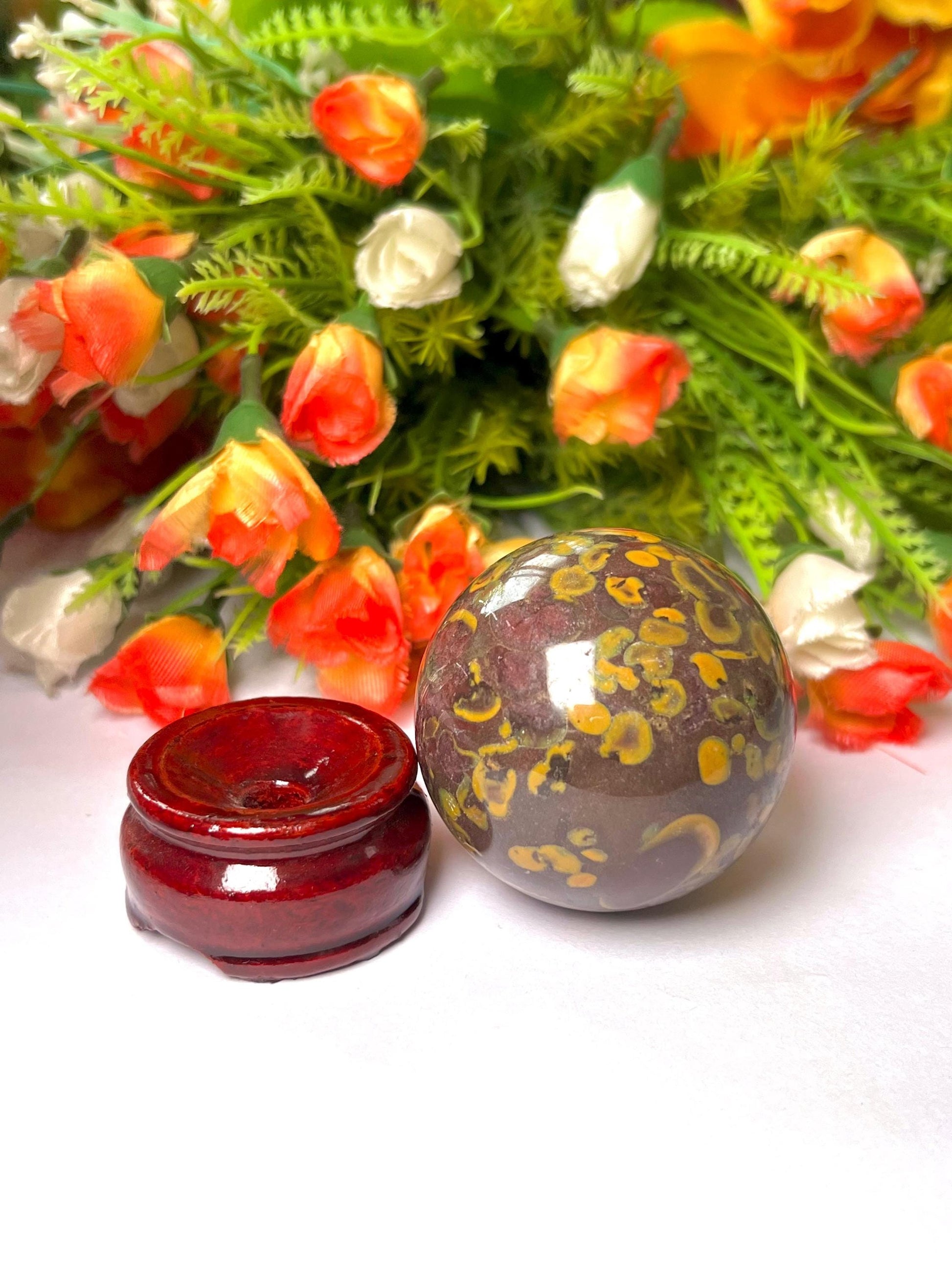 Ajooba Jasper Stone Sphere 45 MM Crystal Ball Orb Pocket Stone Meditation Space Crystal Grid With wooden Stand