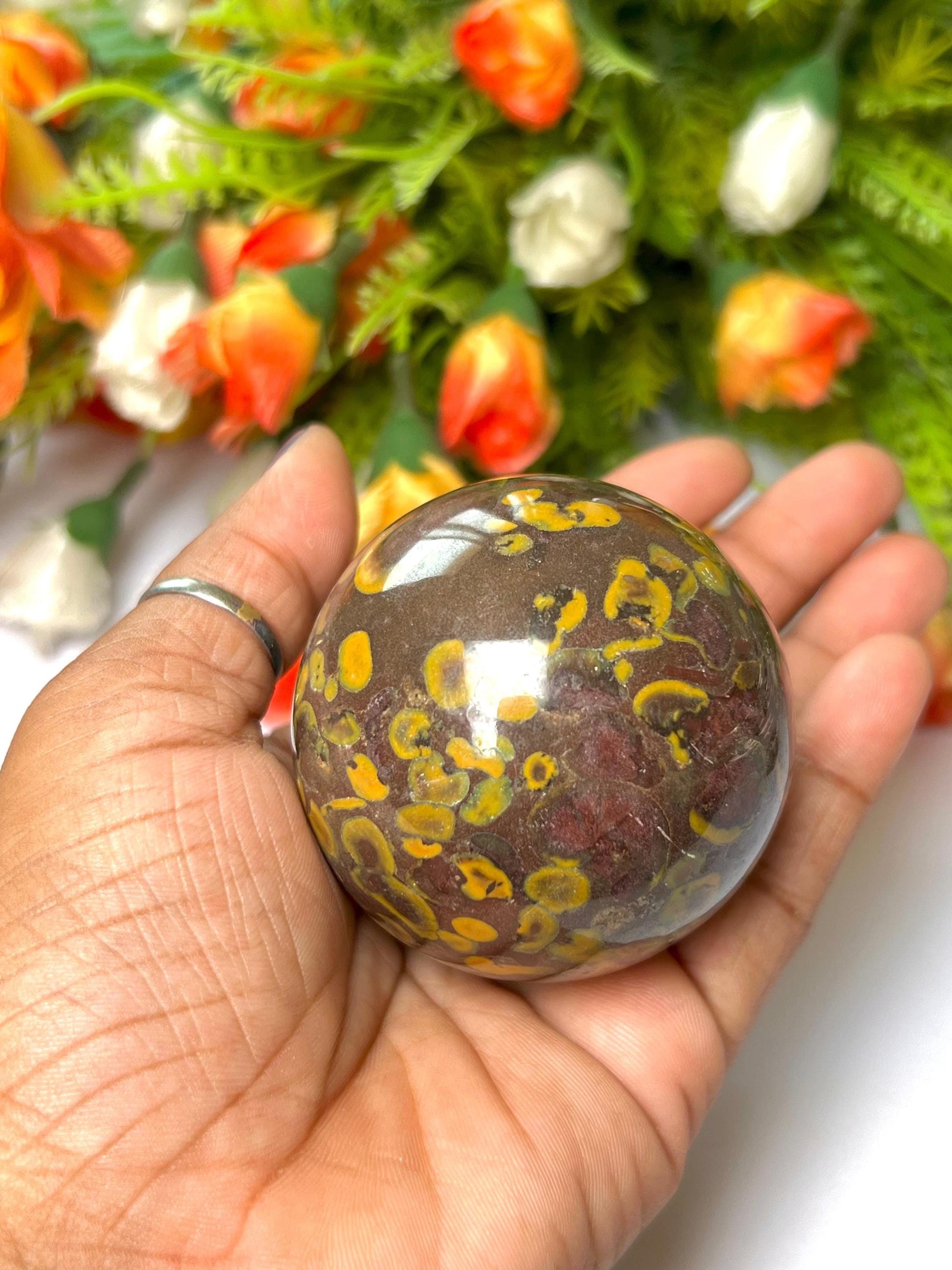 Ajooba Jasper Stone Sphere 45 MM Crystal Ball Orb Pocket Stone Meditation Space Crystal Grid With wooden Stand