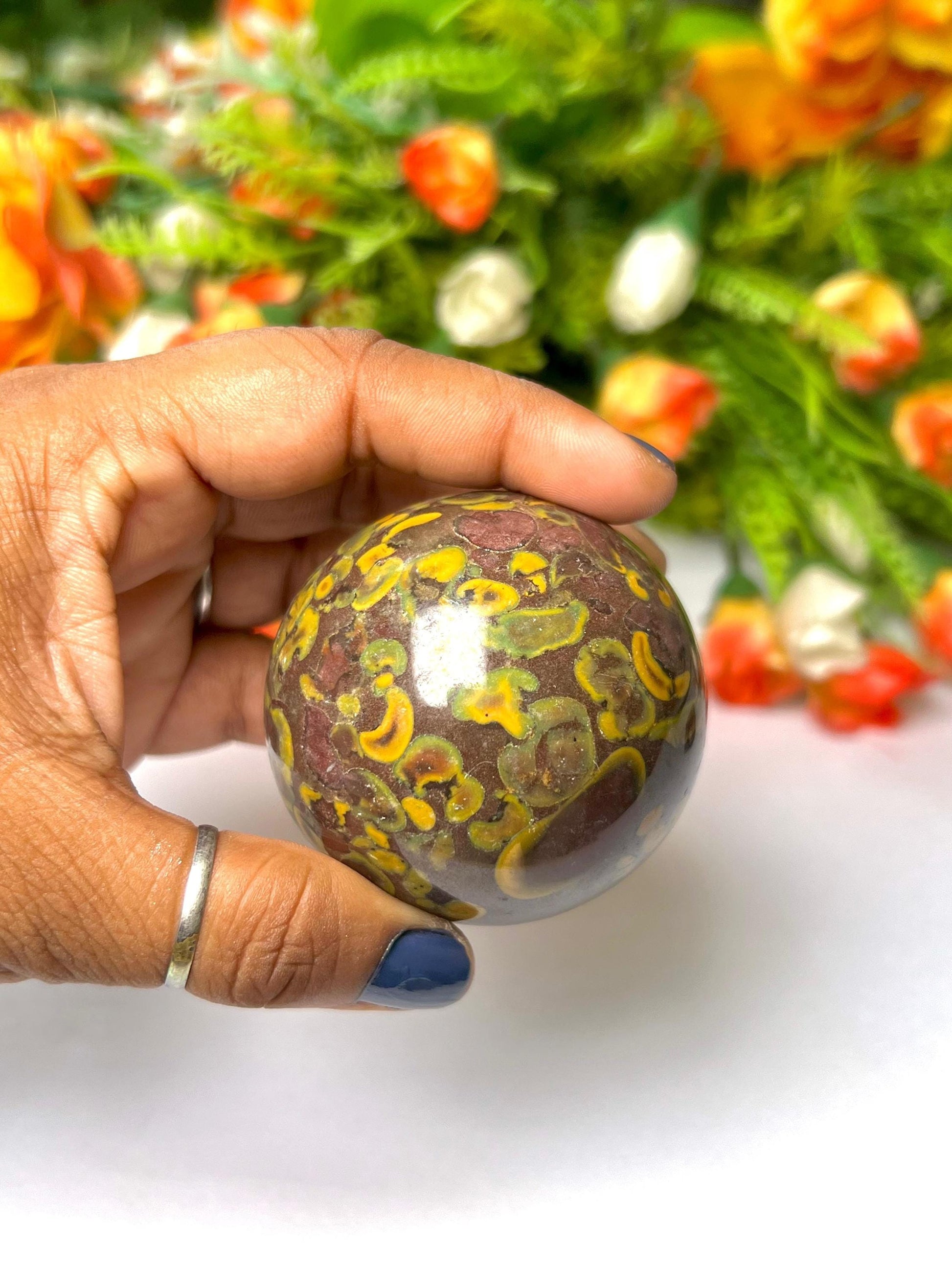 Ajooba Jasper Stone Sphere 45 MM Crystal Ball Orb Pocket Stone Meditation Space Crystal Grid With wooden Stand