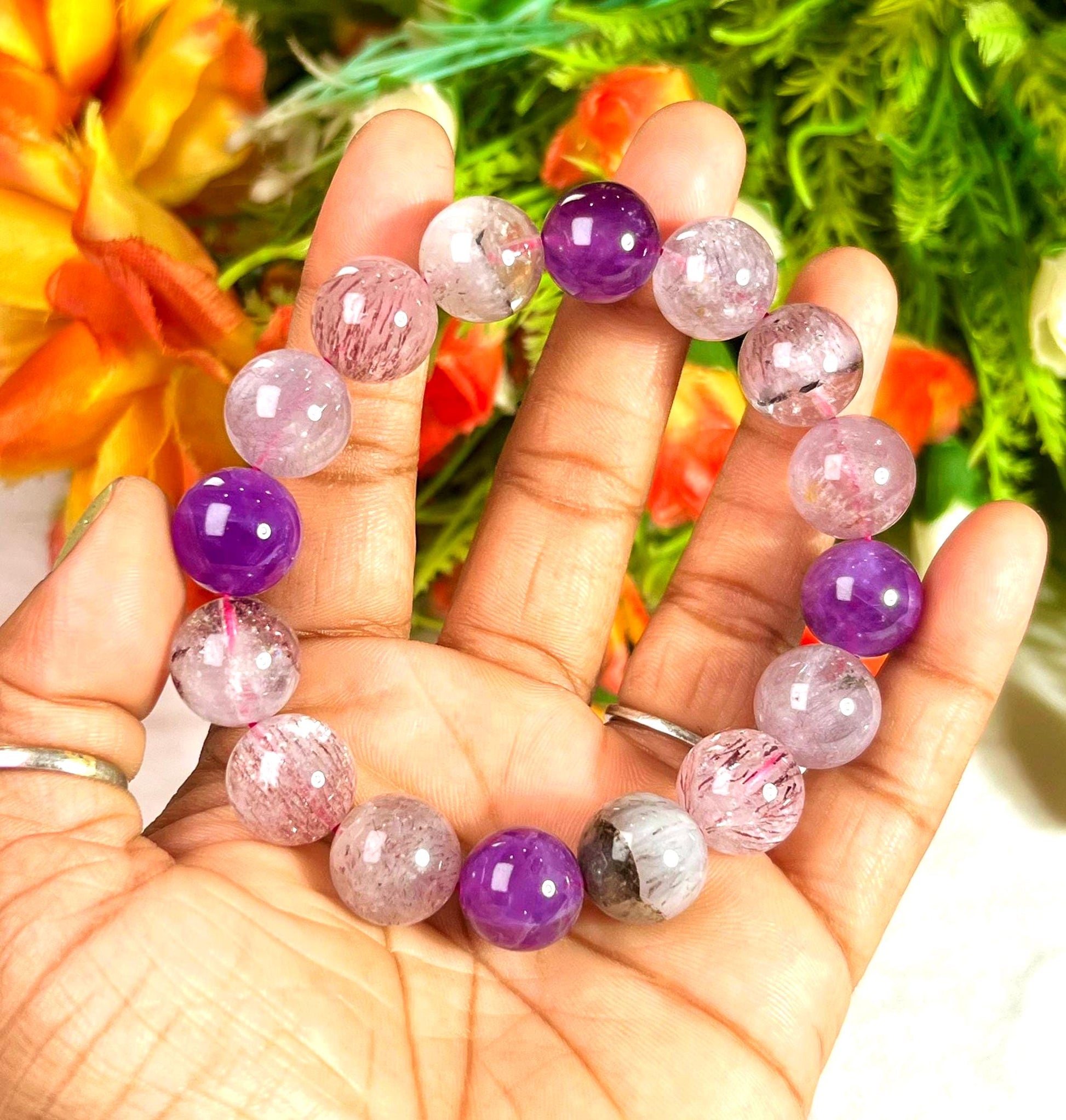 13 MM Super Seven Melody Stone Bracelet l Stretchable Bracelet l Unisex Bracelet