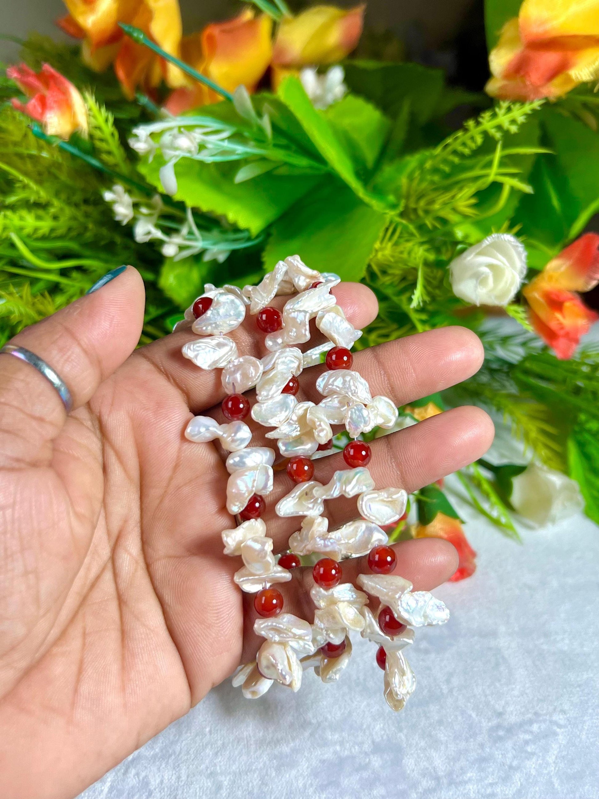 Pearl with Carnelian Stone Bracelet l Adjustable Bracelet l Unisex Bracelet