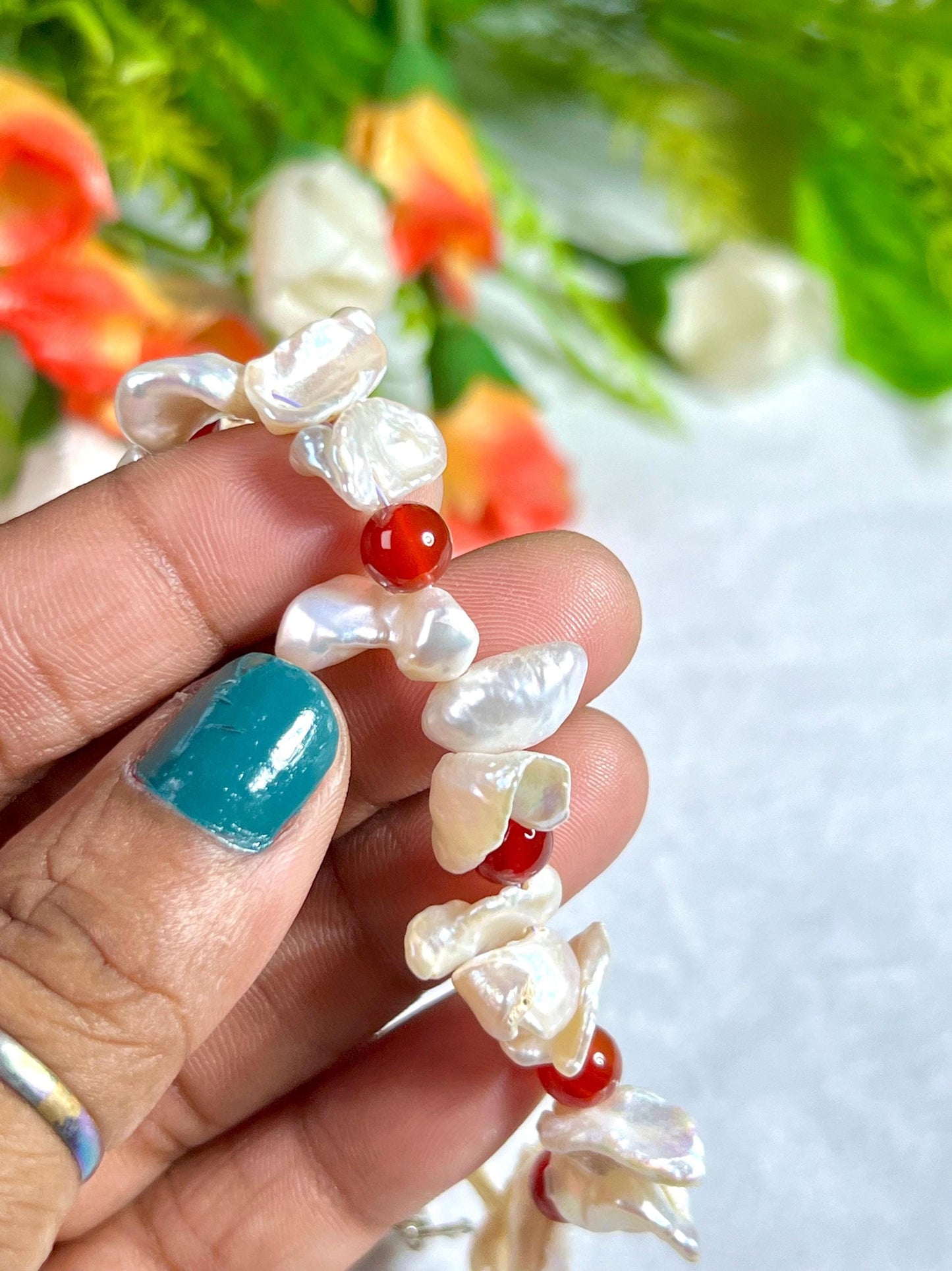 Pearl with Carnelian Stone Bracelet l Adjustable Bracelet l Unisex Bracelet