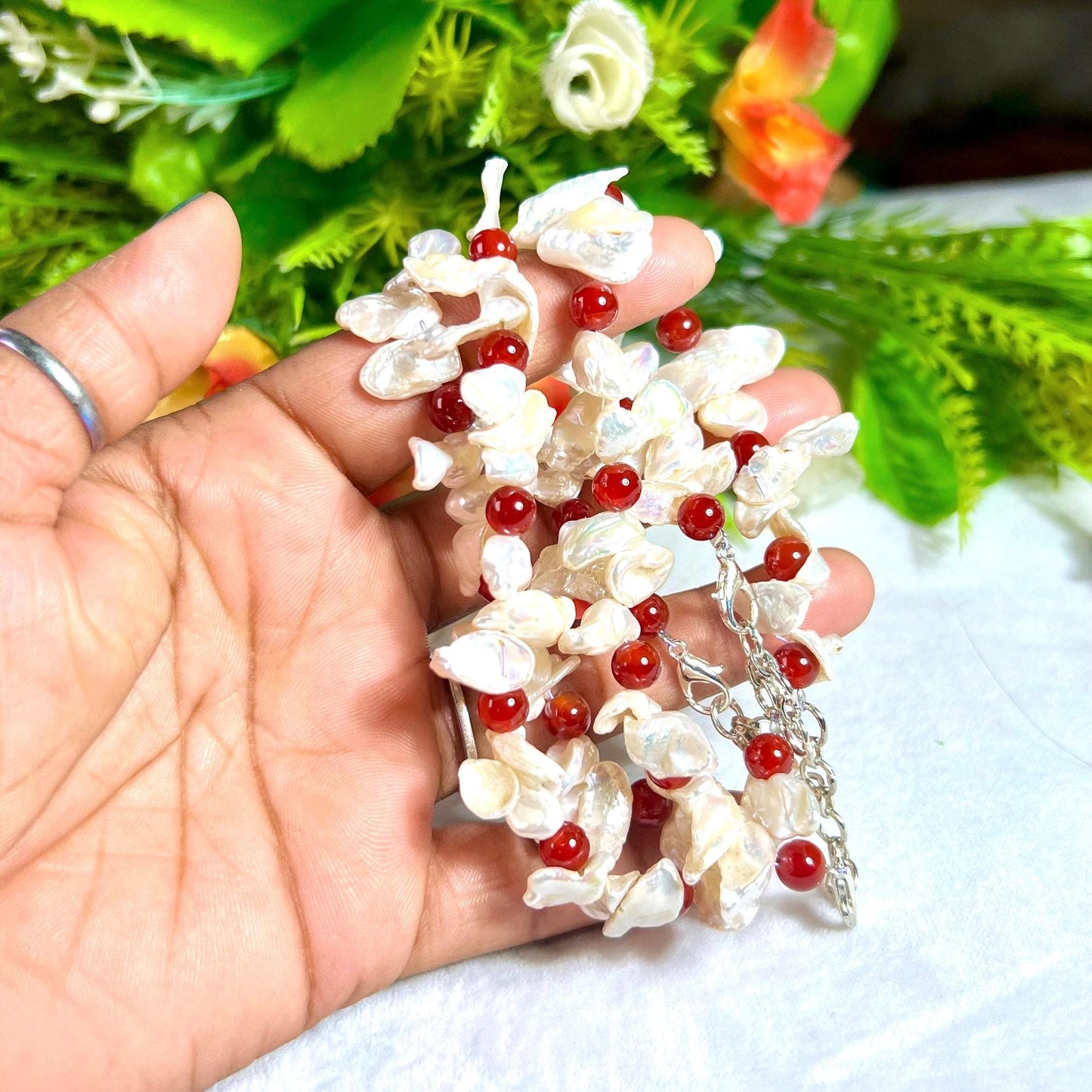 Pearl with Carnelian Stone Bracelet l Adjustable Bracelet l Unisex Bracelet