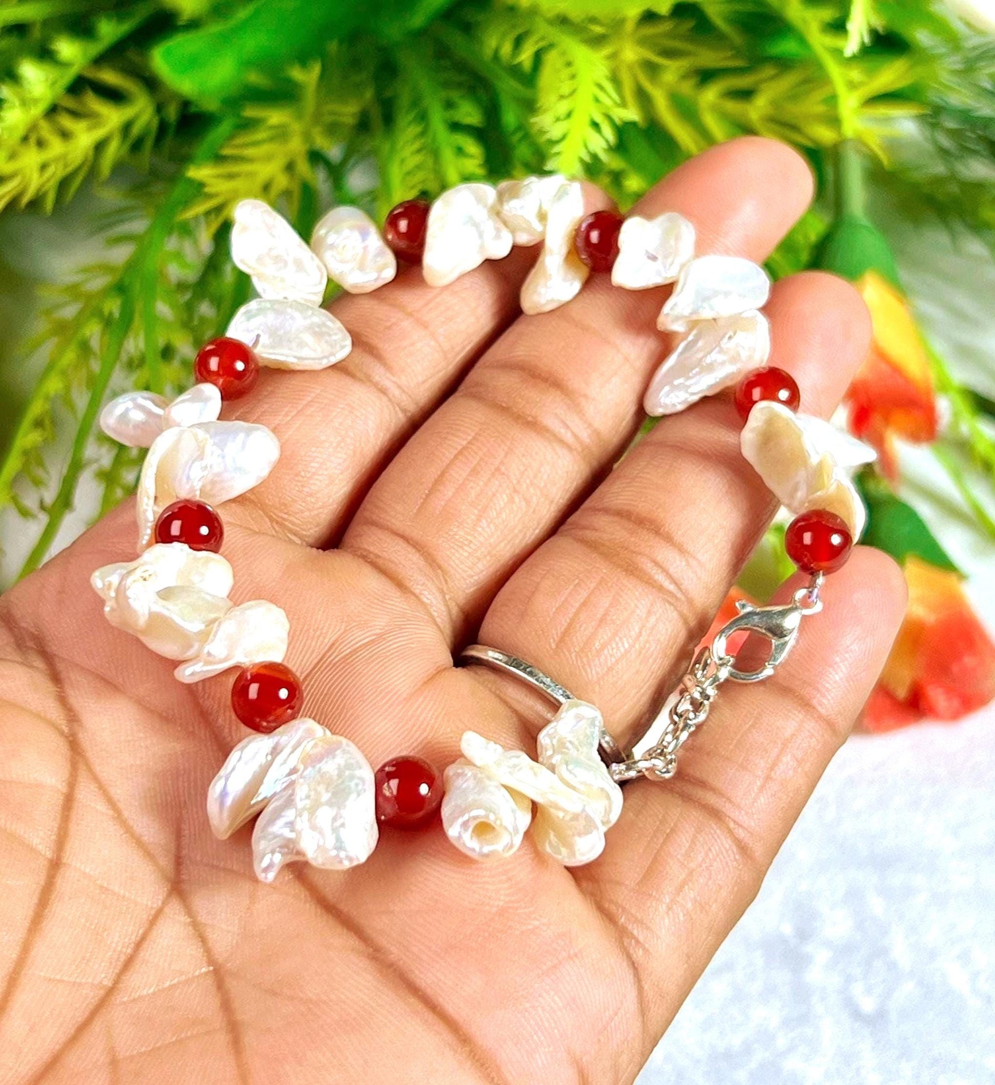 Pearl with Carnelian Stone Bracelet l Adjustable Bracelet l Unisex Bracelet