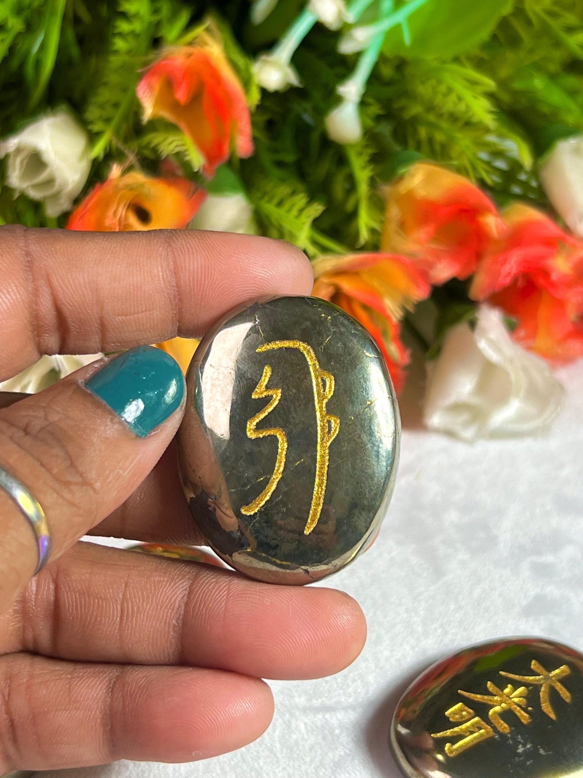 Pyrite Stone Set Of 4 Usui Reiki Symbol Engraved Oval Shape Stone l Cho Ku Rei l Sei Hei Ki l Hon Sha Ze Sho Nen l Dai Ko Myo