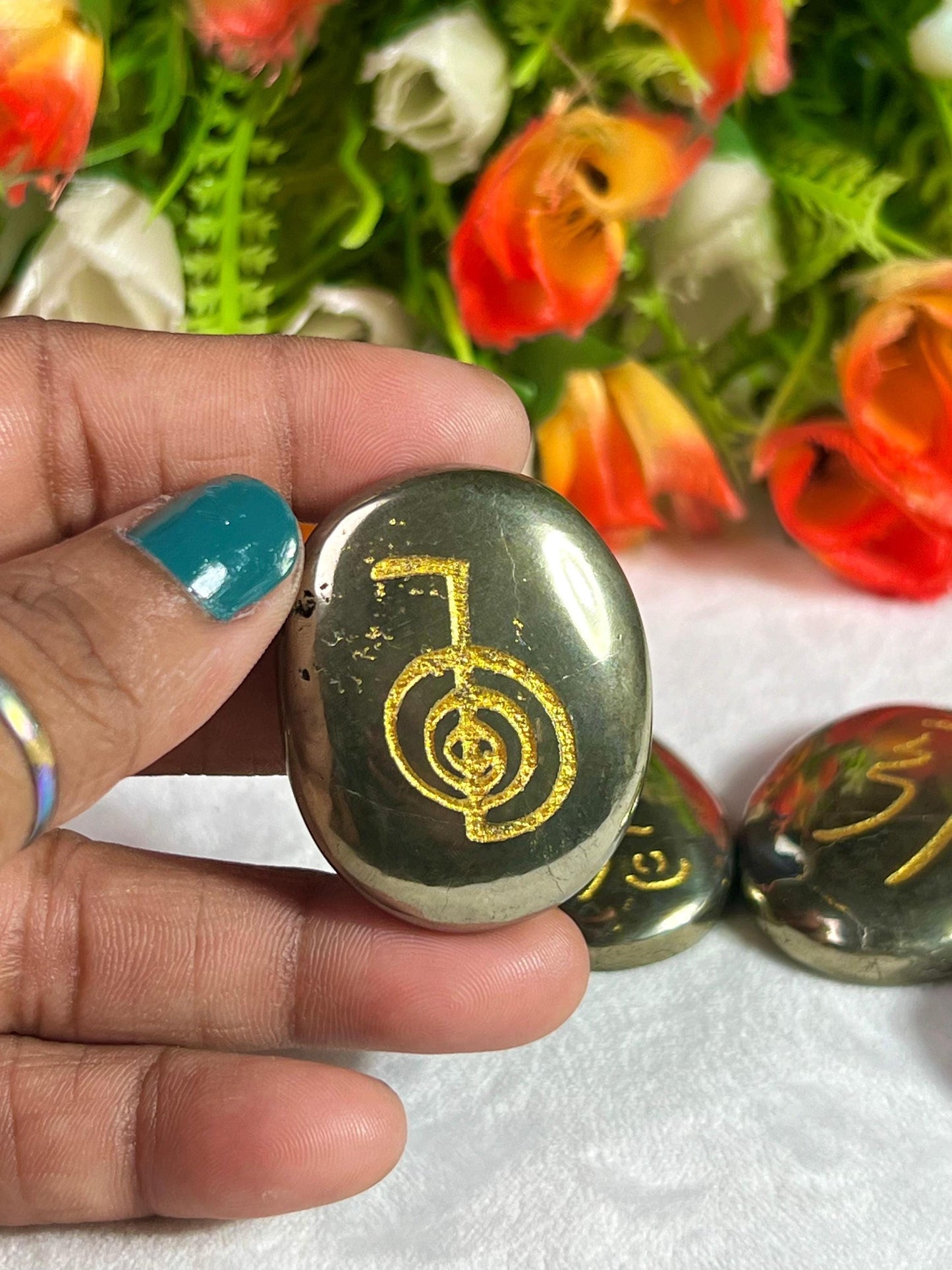 Pyrite Stone Set Of 4 Usui Reiki Symbol Engraved Oval Shape Stone l Cho Ku Rei l Sei Hei Ki l Hon Sha Ze Sho Nen l Dai Ko Myo