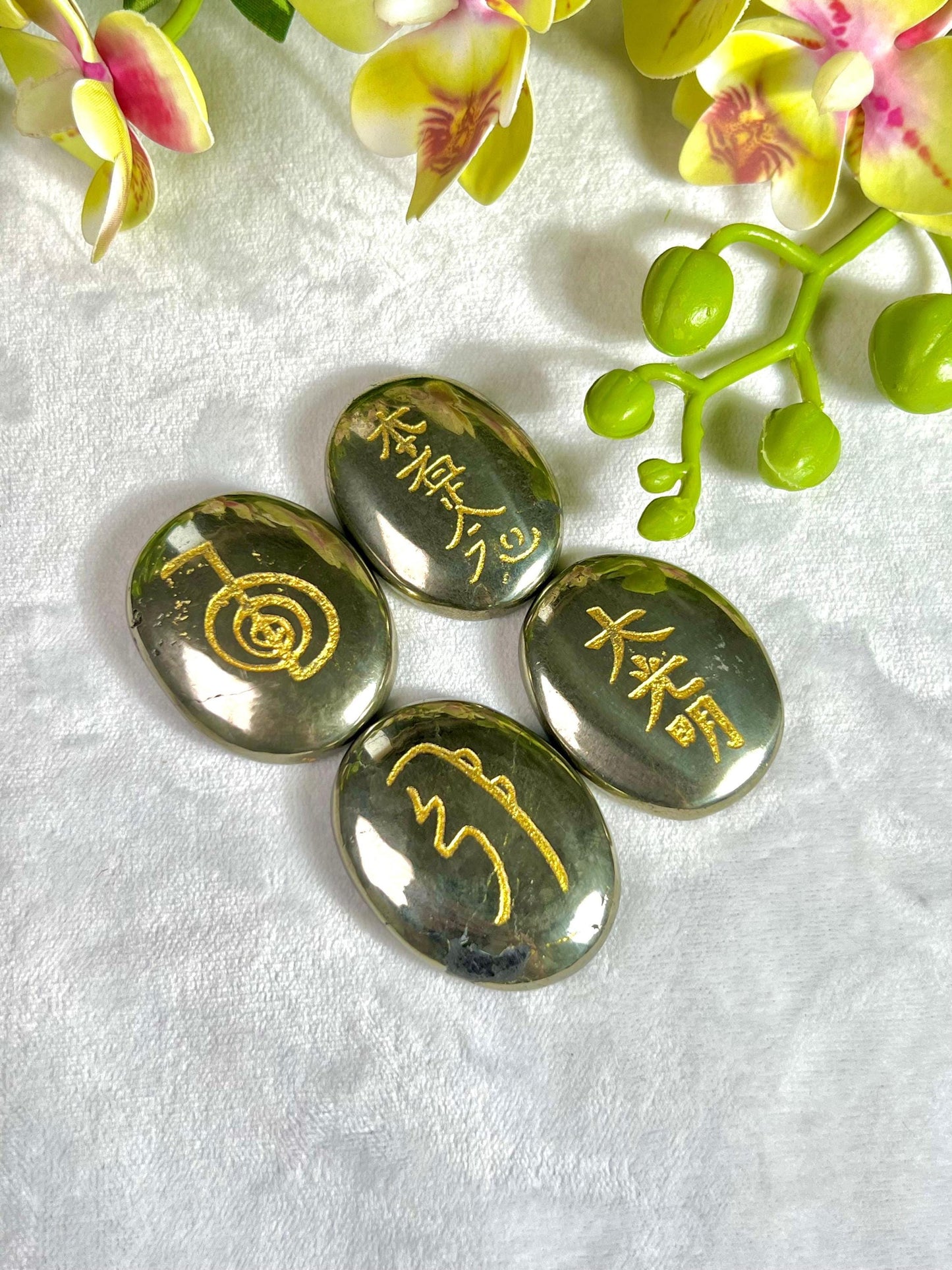 Pyrite Stone Set Of 4 Usui Reiki Symbol Engraved Oval Shape Stone l Cho Ku Rei l Sei Hei Ki l Hon Sha Ze Sho Nen l Dai Ko Myo