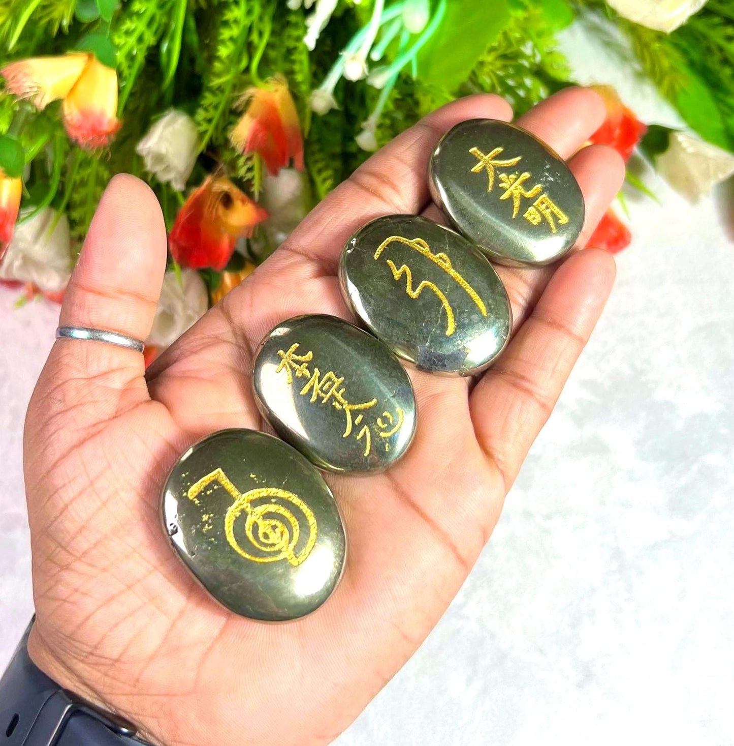Pyrite Stone Set Of 4 Usui Reiki Symbol Engraved Oval Shape Stone l Cho Ku Rei l Sei Hei Ki l Hon Sha Ze Sho Nen l Dai Ko Myo