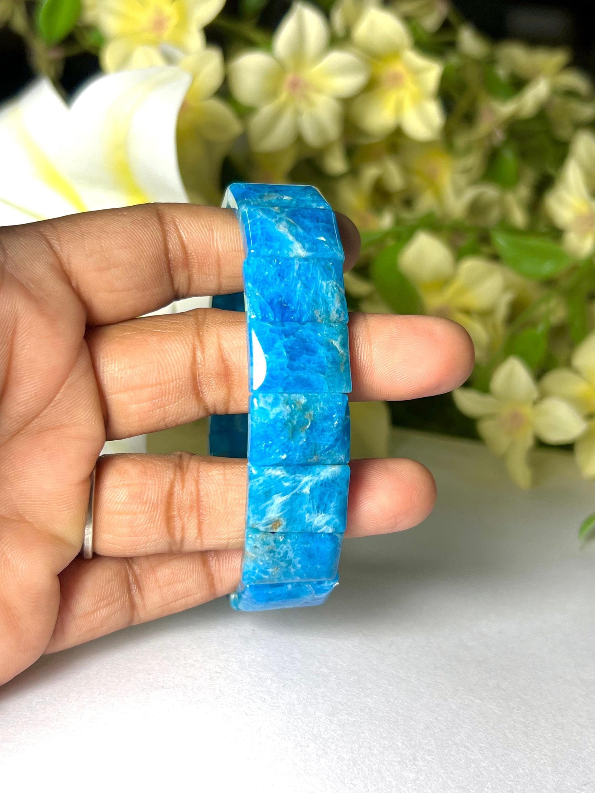 15 MM Blue Apatite Stone Bracelet l Stretchable Bracelet