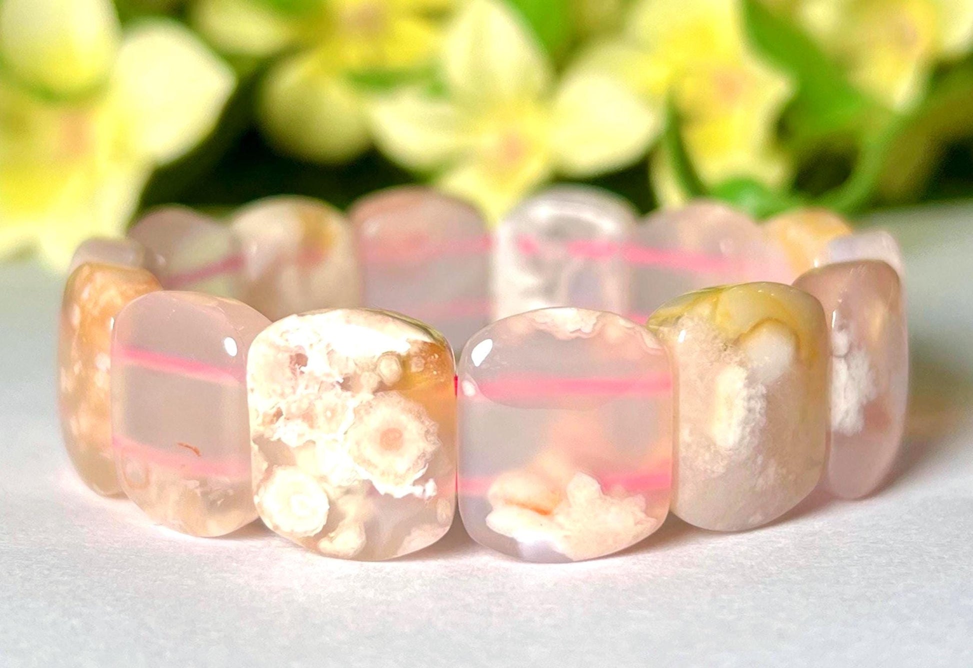 15 MM Pink Flower Agate Stone Bracelet l Stretchable Bracelet